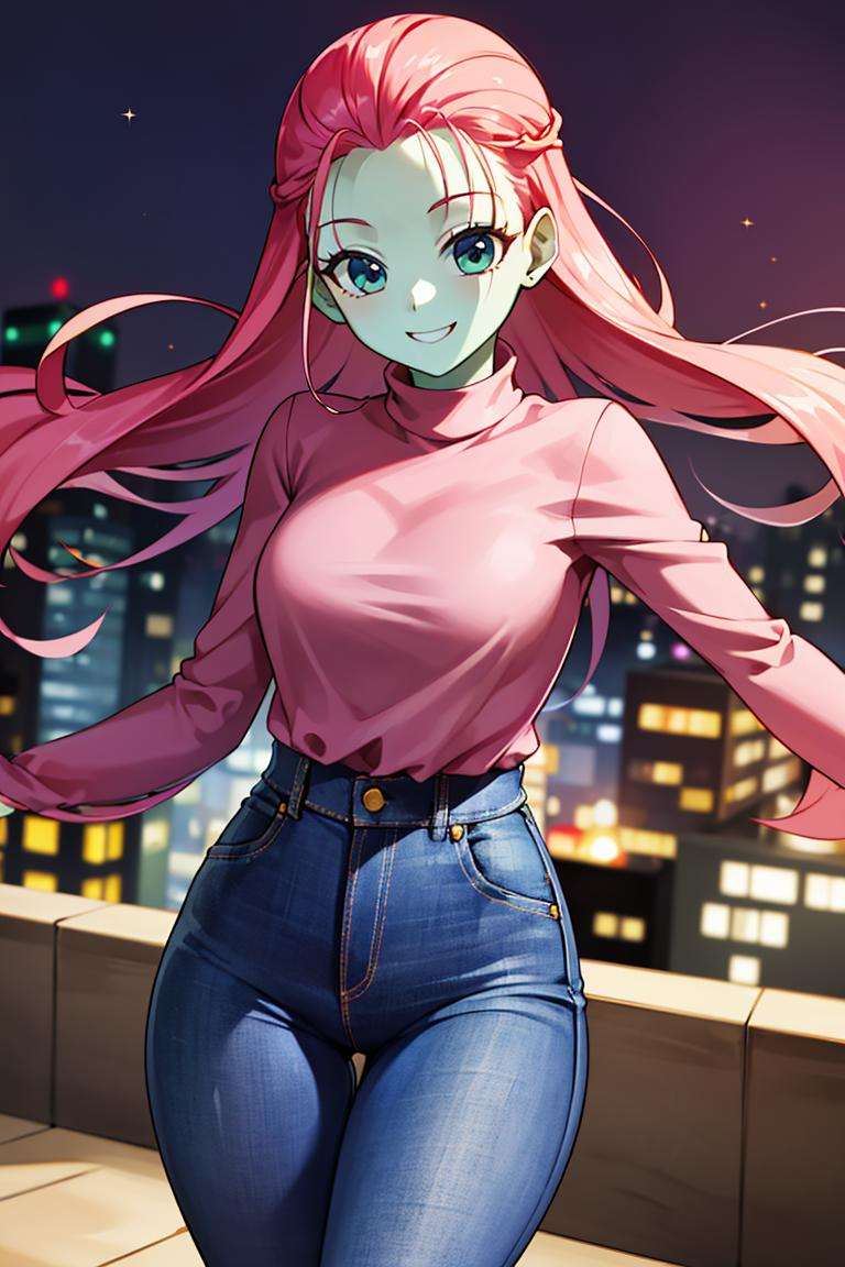 ((masterpiece,best quality)), absurdres,<lora:Caway_DB:0.7>, Caway_DB, (green skin, long pink hair), demin jeans and pink shirt, solo, smiling, looking at viewer, cowboy shot,modern city in background, cinematic composition, dynamic pose,