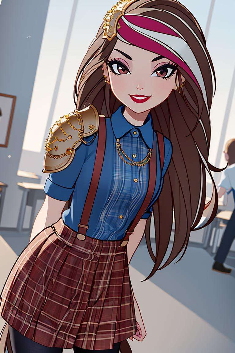 ((masterpiece,best quality)), absurdres,<lora:Ramona_Badwolf_EAH:0.7>, Ramona_Badwolf_EAH,  suspenders, blue shirt, plaid, shoulder armor,solo, smiling, looking at viewer, cowboy shot,school in background, cinematic composition, dynamic pose,