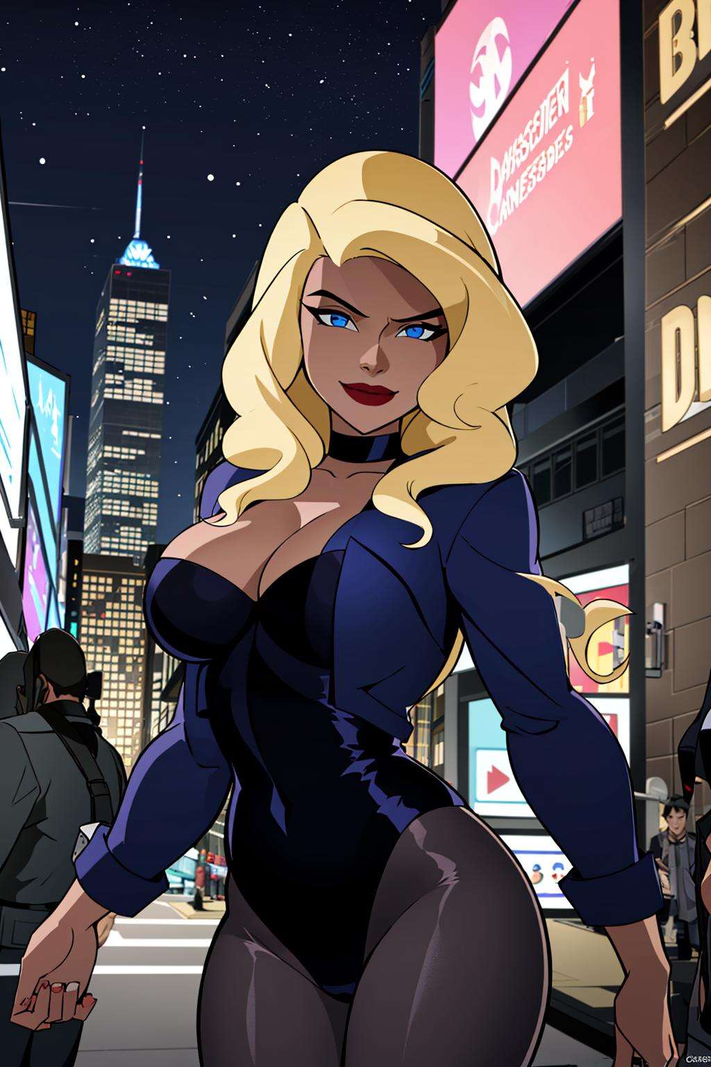 ((masterpiece,best quality)), absurdres,<lora:Black_Canary_JLU:0.7>, Black_Canary_JLU, solo, smiling, looking at viewer, cowboy shot, night sky and city in background, cinematic composition, dynamic pose, 