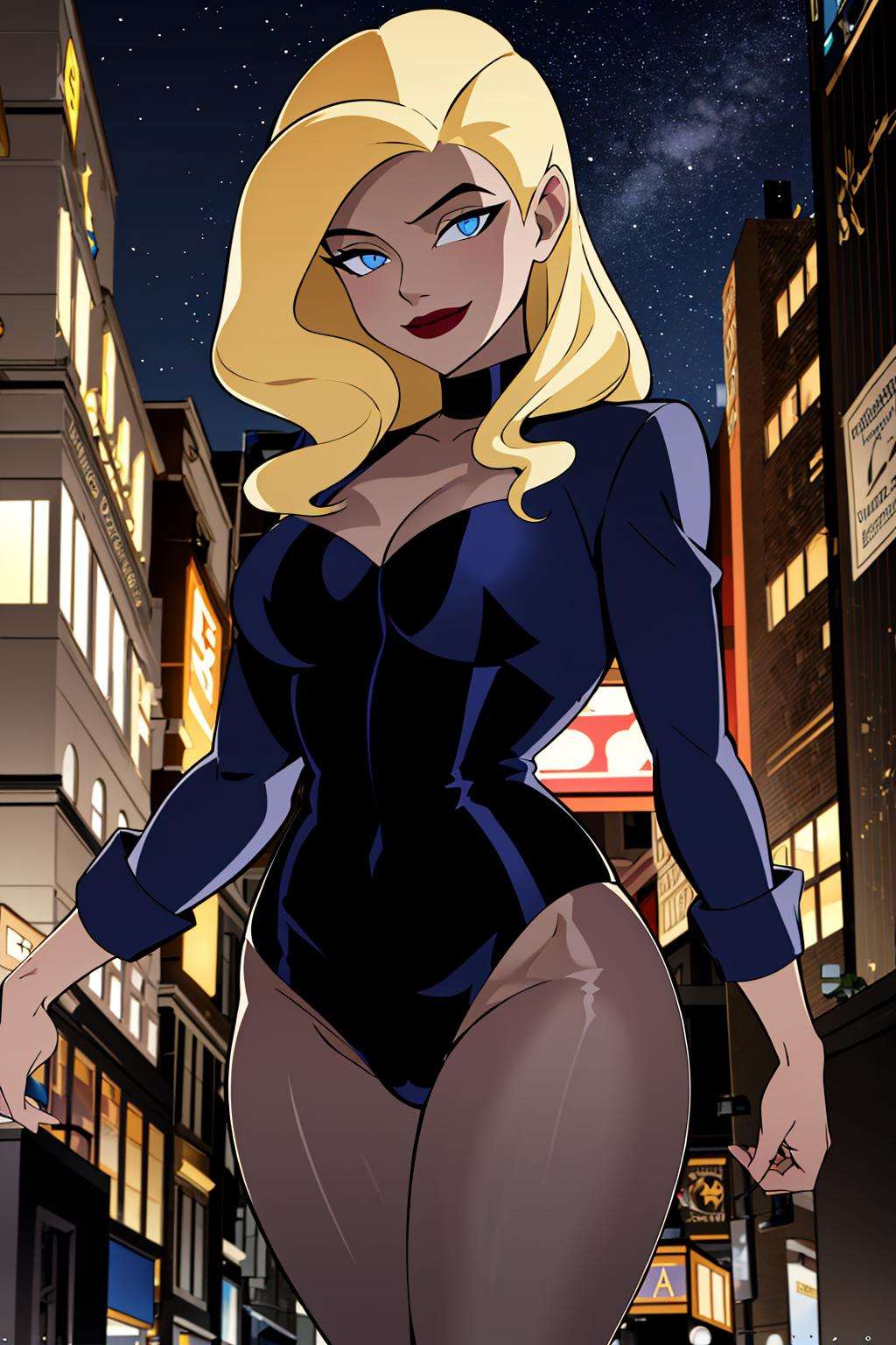 ((masterpiece,best quality)), absurdres,<lora:Black_Canary_JLU:0.7>, Black_Canary_JLU, solo, smiling, looking at viewer, cowboy shot, night sky and city in background, cinematic composition, dynamic pose, 