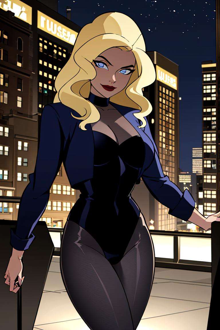 ((masterpiece,best quality)), absurdres,<lora:Black_Canary_JLU:0.7>, Black_Canary_JLU, solo, smiling, looking at viewer, cowboy shot, night sky and city in background, cinematic composition, dynamic pose, 