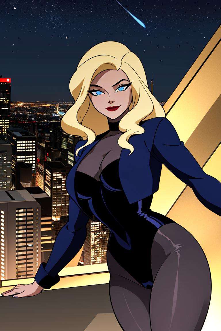 ((masterpiece,best quality)), absurdres,<lora:Black_Canary_JLU:0.7>, Black_Canary_JLU, solo, smiling, looking at viewer, cowboy shot, night sky and city in background, cinematic composition, dynamic pose, 