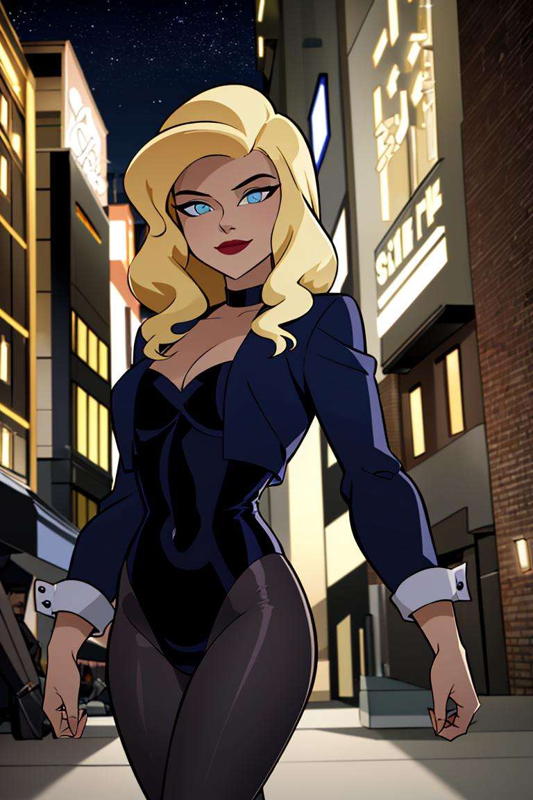 ((masterpiece,best quality)), absurdres,<lora:Black_Canary_JLU:0.7>, Black_Canary_JLU, solo, smiling, looking at viewer, cowboy shot, night sky and city in background, cinematic composition, dynamic pose, 