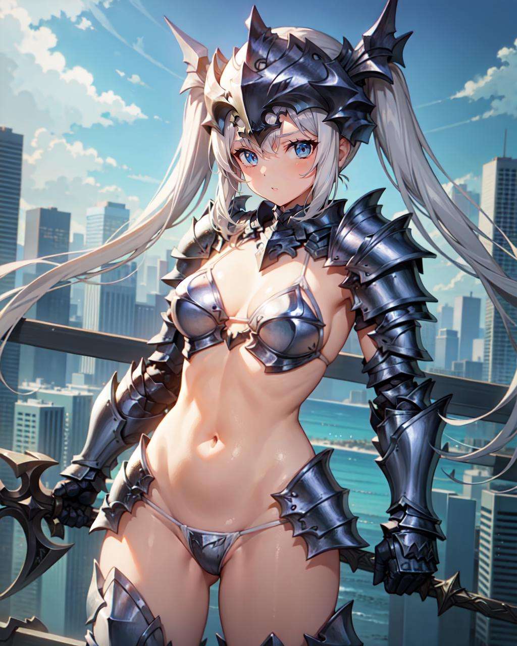 1girl, white bikini armor, helm, silver hair, twintail, cityscape<lora:leco_BikiniArmor2_last:-1.5>