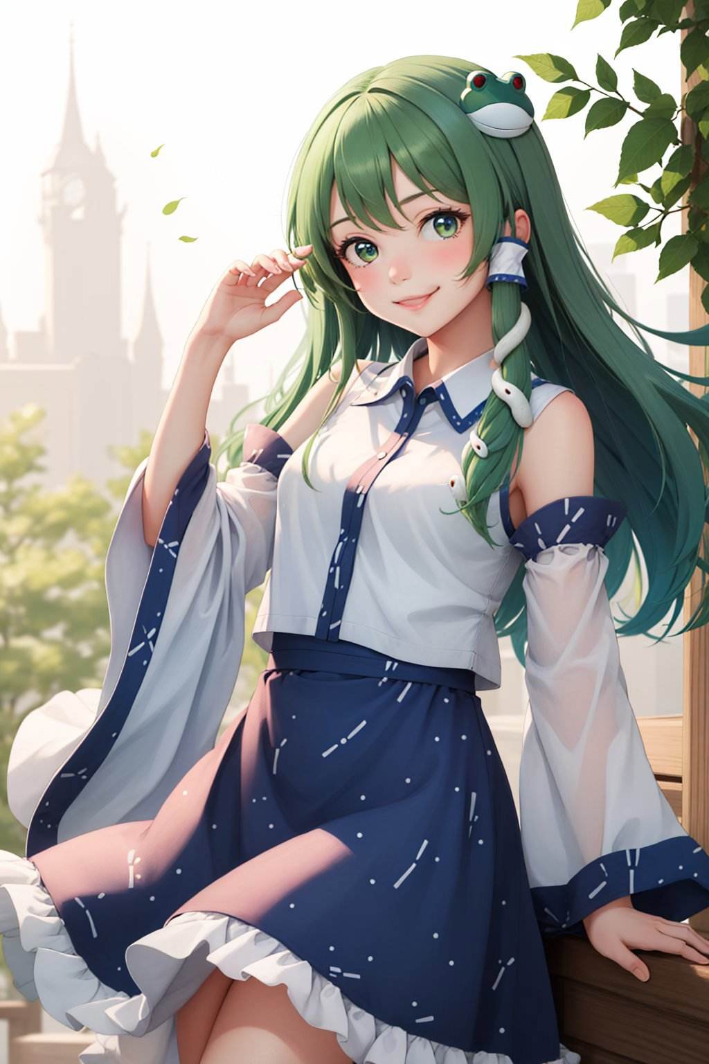 (masterpiece, best quality:1.2), <lyco:touhou_kochiya-10:1.0>, cowboy shot, solo, 1girl, kochiya sanae, smile, looking at viewer, arm up, hair tubes, frog hair ornament, snake hair ornament, shirt, long sleeves, wide sleeves, blue skirt