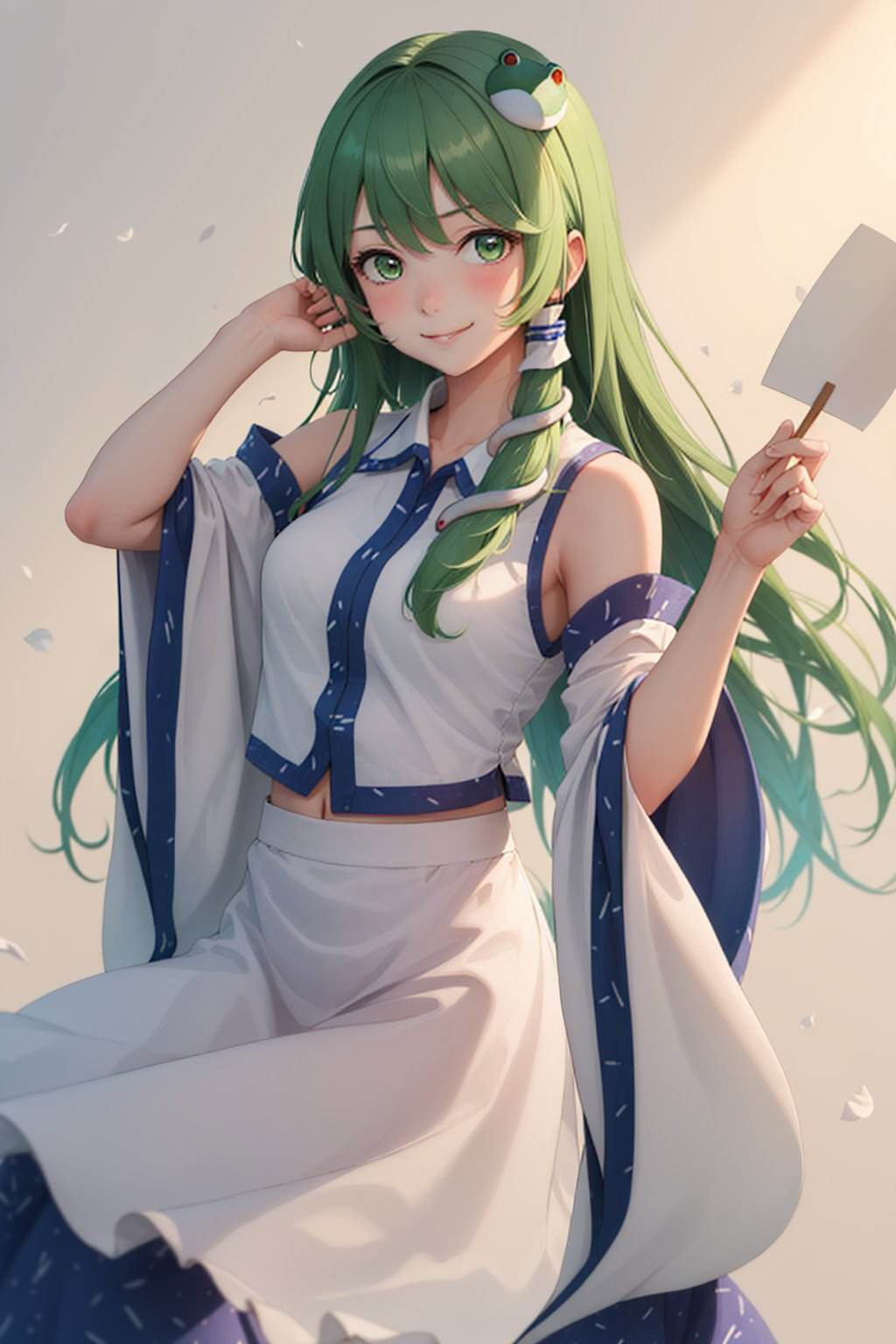 (masterpiece, best quality:1.2), <lyco:touhou_kochiya-10:1.0>, cowboy shot, solo, 1girl, kochiya sanae, smile, looking at viewer, arm up, hair tubes, frog hair ornament, snake hair ornament, shirt, long sleeves, wide sleeves, blue skirt