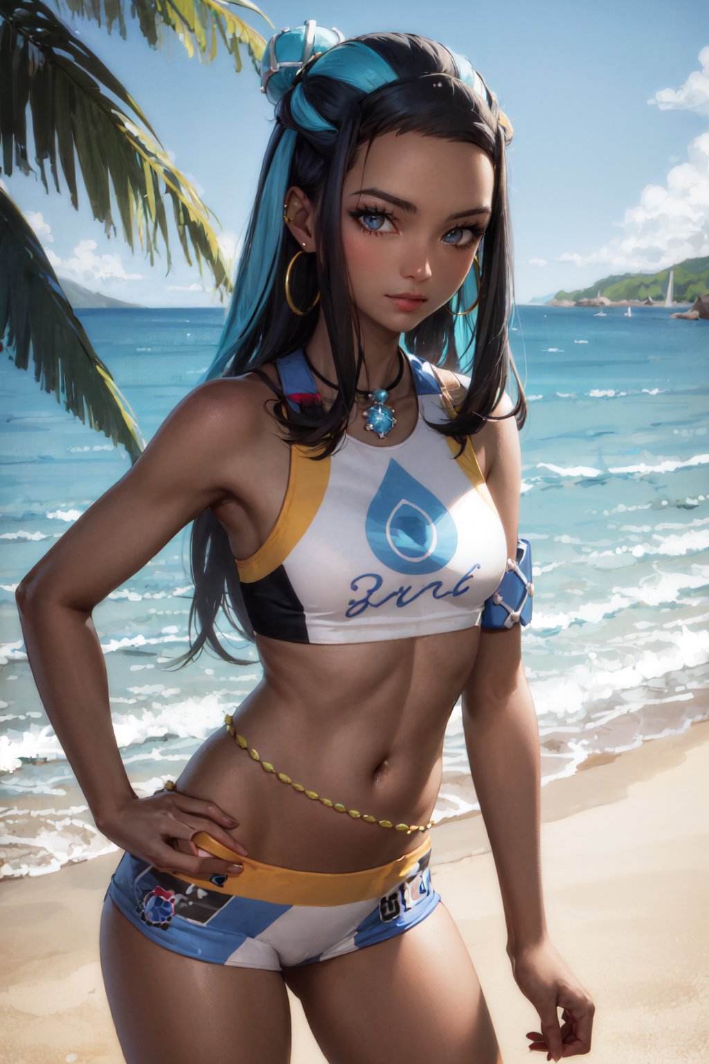 (masterpiece, best quality:1.2), <lora:pokemon_nessa-13:1>, cowboy shot, solo, 1girl, nessa, dark skin, dark-skinned female, slight smile, looking at viewer, hand on hip, single hair bun, swimsuit, bikini, jewelry, necklace, earrings, belly chain, armlet, midriff, beach