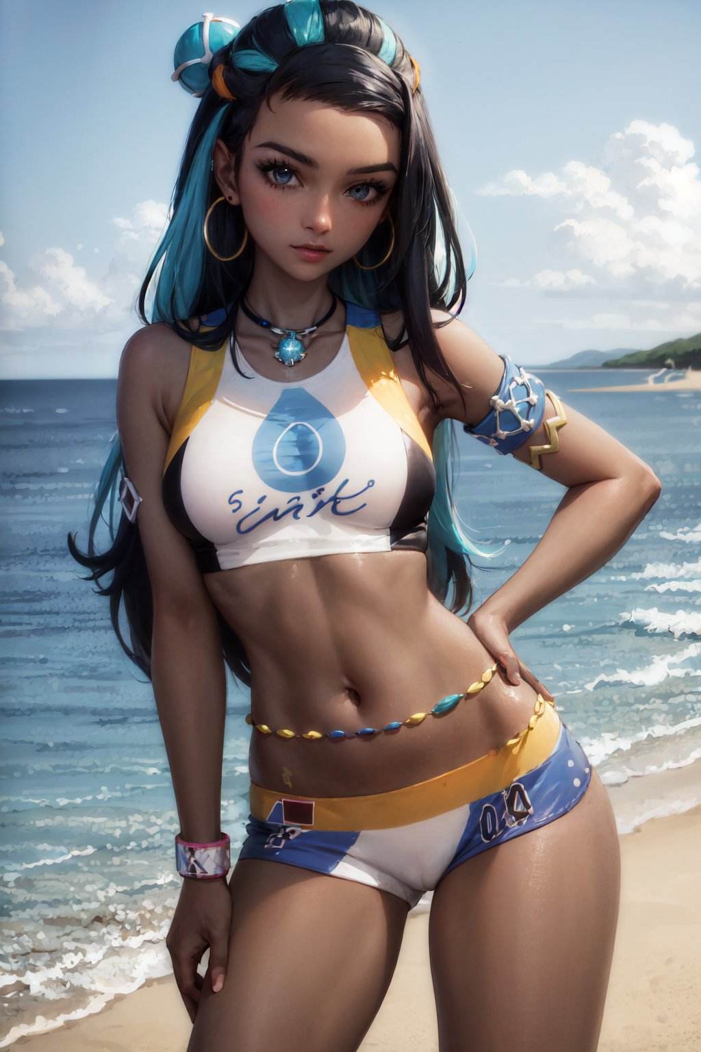 (masterpiece, best quality:1.2), <lora:pokemon_nessa-13:1>, cowboy shot, solo, 1girl, nessa, dark skin, dark-skinned female, slight smile, looking at viewer, hand on hip, single hair bun, swimsuit, bikini, jewelry, necklace, earrings, belly chain, armlet, midriff, beach