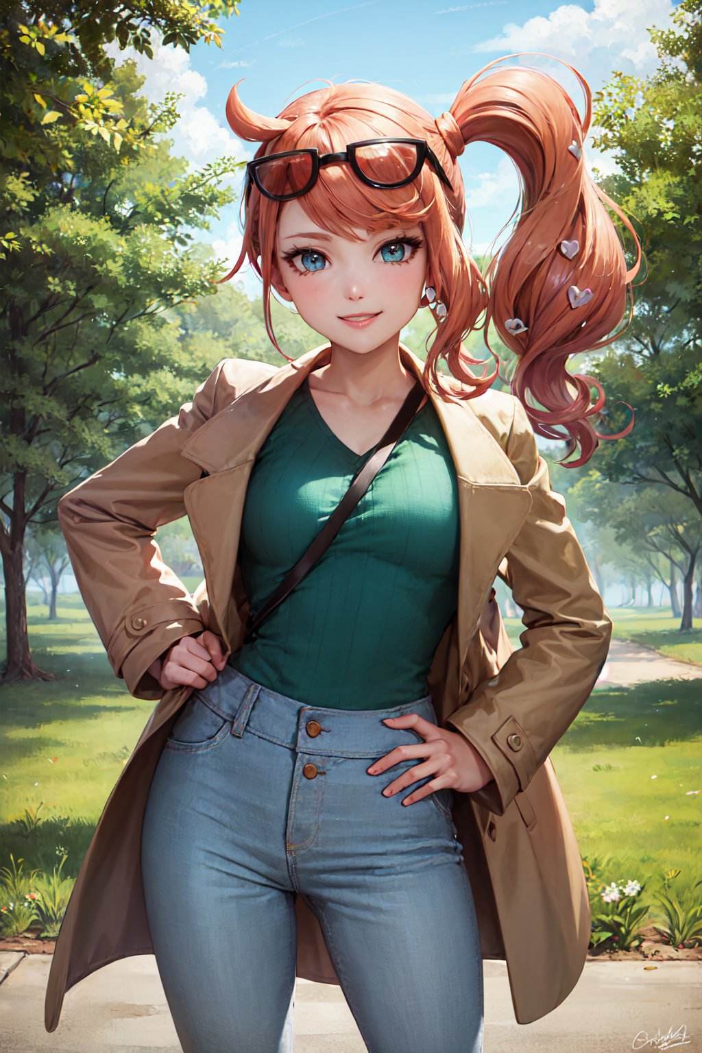 (masterpiece, best quality:1.2), <lyco:pokemon_sonia-09:1.0>, cowboy shot, solo, 1girl, sonia, smile, looking at viewer, hand on hip, side ponytail, heart hair ornament, eyewear on head, brown trench coat, pants