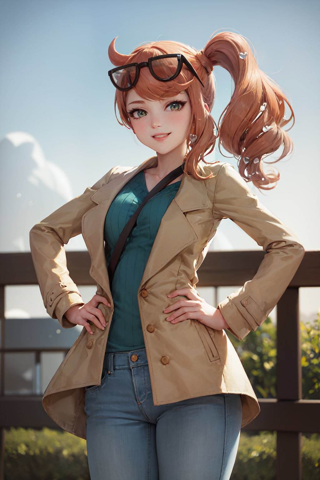 (masterpiece, best quality:1.2), <lyco:pokemon_sonia-09:1.0>, cowboy shot, solo, 1girl, sonia, smile, looking at viewer, hand on hip, side ponytail, heart hair ornament, eyewear on head, trench coat, pants