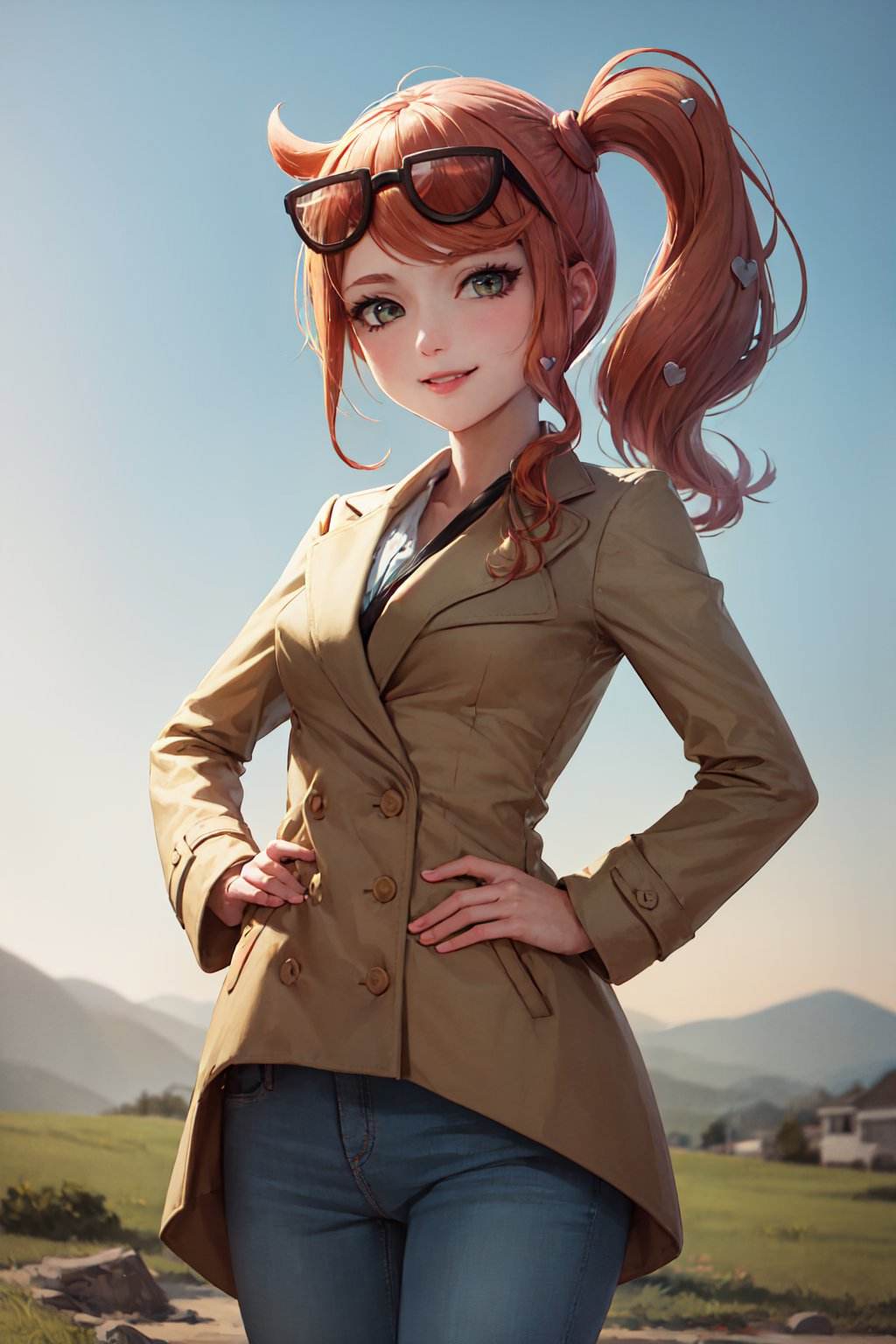 (masterpiece, best quality:1.2), <lyco:pokemon_sonia-09:1.0>, cowboy shot, solo, 1girl, sonia, smile, looking at viewer, hand on hip, side ponytail, heart hair ornament, eyewear on head, trench coat, pants