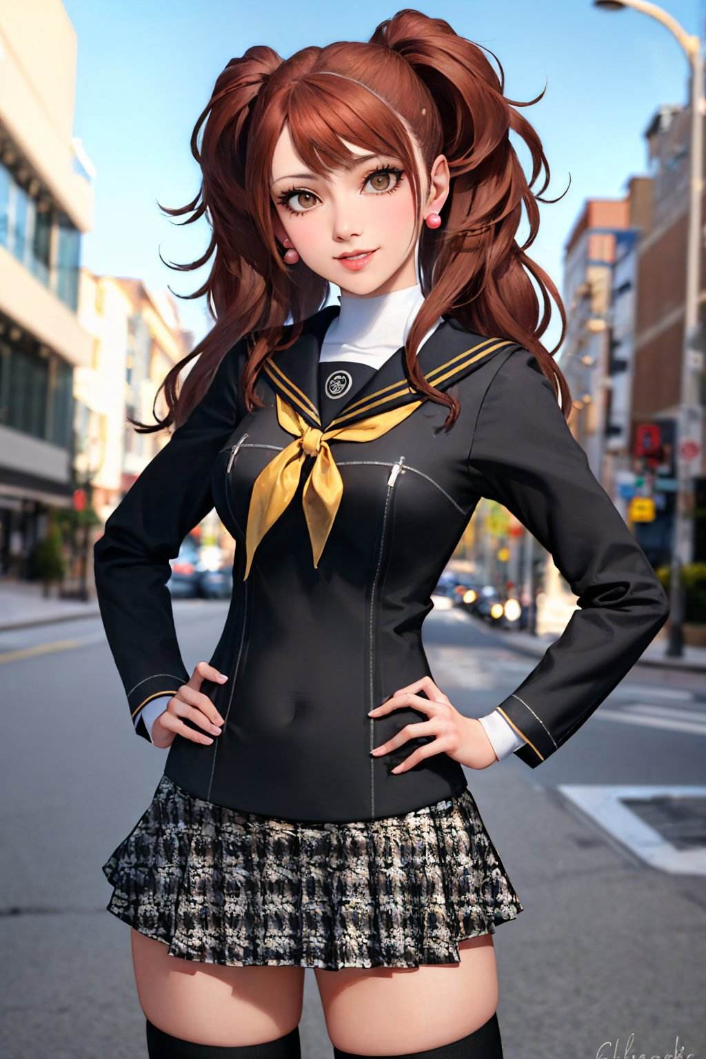 (masterpiece, best quality:1.2), <lyco:persona4_kujikawa-12:1.0>, cowboy shot, solo, 1girl, kujikawadef, smile, looking at viewer, hands on hips, twintails, school uniform, black serafuku, skirt, thighhighs, jewelry, earrings