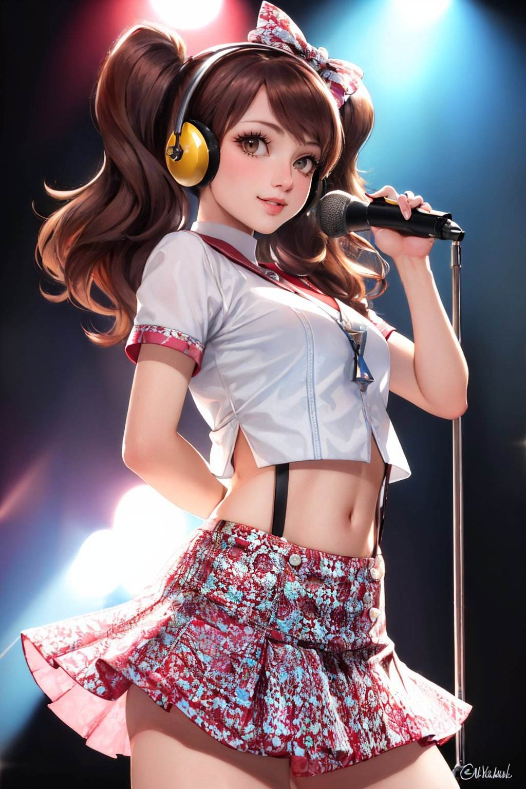 (masterpiece, best quality:1.2), <lyco:persona4_kujikawa-12:0.8>, cowboy shot, solo, 1girl, kujikawadancing, smile, looking at viewer, arms behind back, twintails, hair bow, headphones, crop top, suspenders, skirt, thighhighs, midriff, concert, spotlight