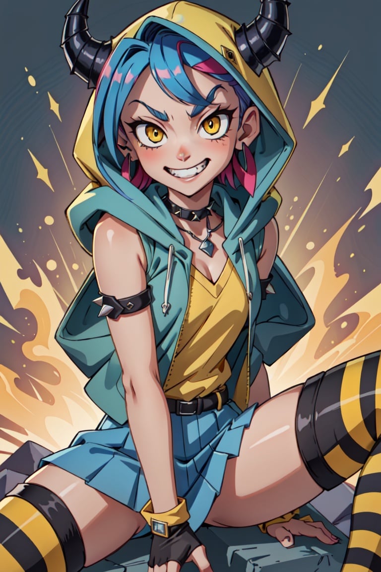 (masterpiece, best quality:1.2),(\villainous_demencia\), solo, 1girl, demencia, evil grin, looking at viewer, straddling, yellow eyes, constricted eyes, constricted pupils, striped, vest, sleeveless, hood, horns, thighhighs, fingerless gloves, jewelry, bracelet, spikes