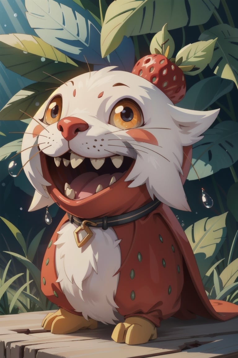 ((masterpiece:1.3,concept art,best quality)),very cute appealing anthropomorphic strawberry,looking at the viewer,big grin,happy,fruit,berry,droplets,macro,sunlight,fantasy art,dynamic composition,dramatic lighting,epic realistic,award winning illustration