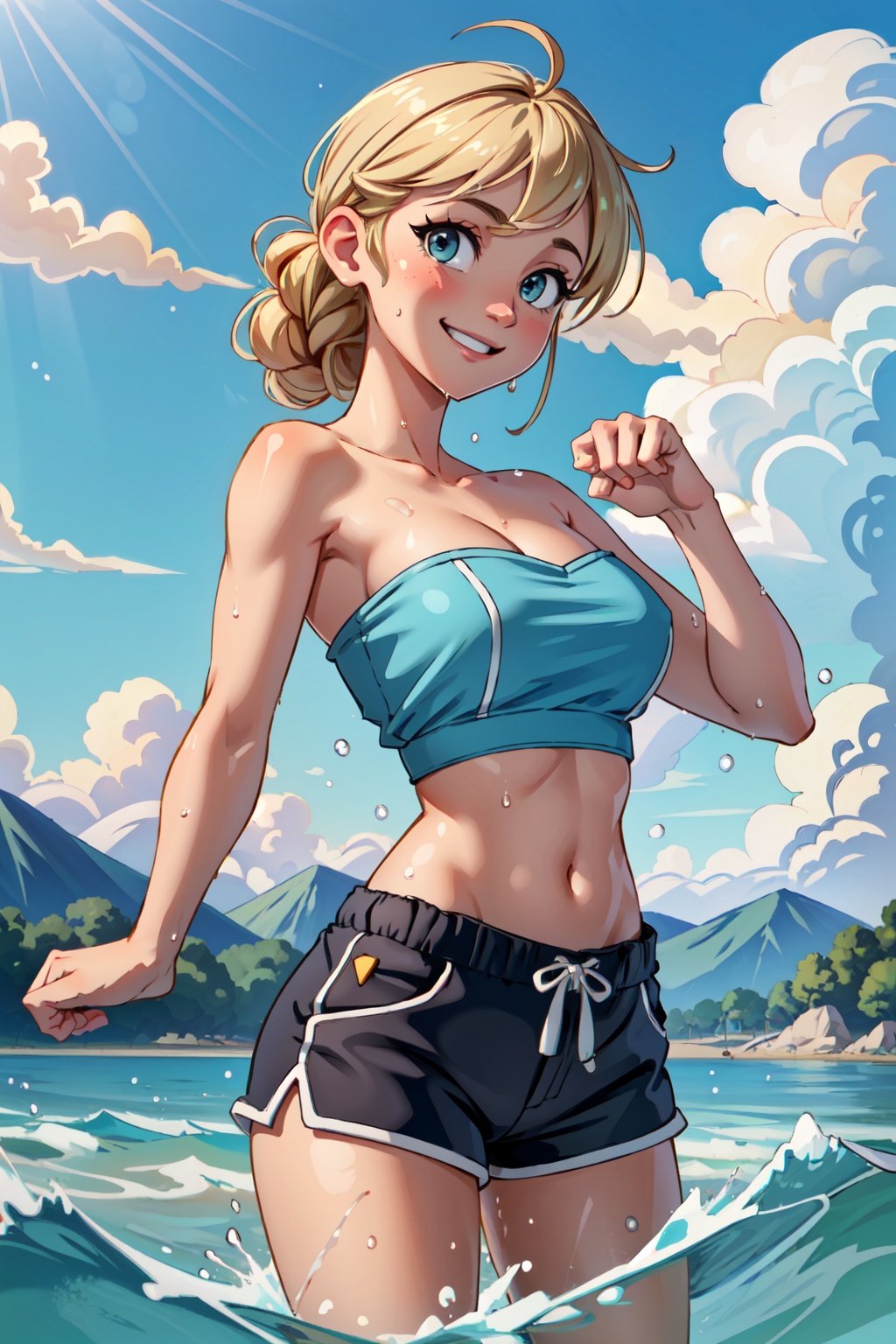 (masterpiece, best quality), 1girl, tube top, sideboob, wind, strapless, dolphin shorts, upper body, french braid, looking at viewer, wet, ((solo focus, intricate, paw pose, splashing, in water)), smile, pubis, beach, wide hips, blonde, medium breasts, blurry, mountainous horizon, cloudy sky,