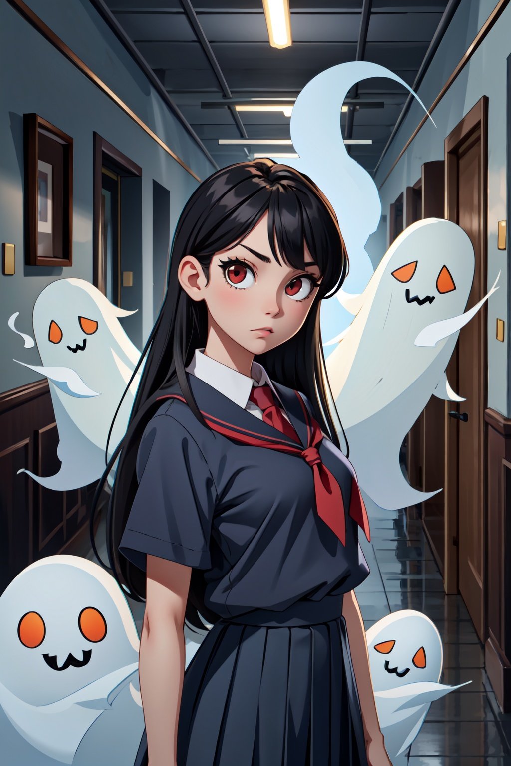 absurdres, 1girl, red eyes, long hair, wide-eyed, eyelashes, looking at viewer, upper body, , concept art, school uniform, ghost, hallway, horror theme, posing, crowd