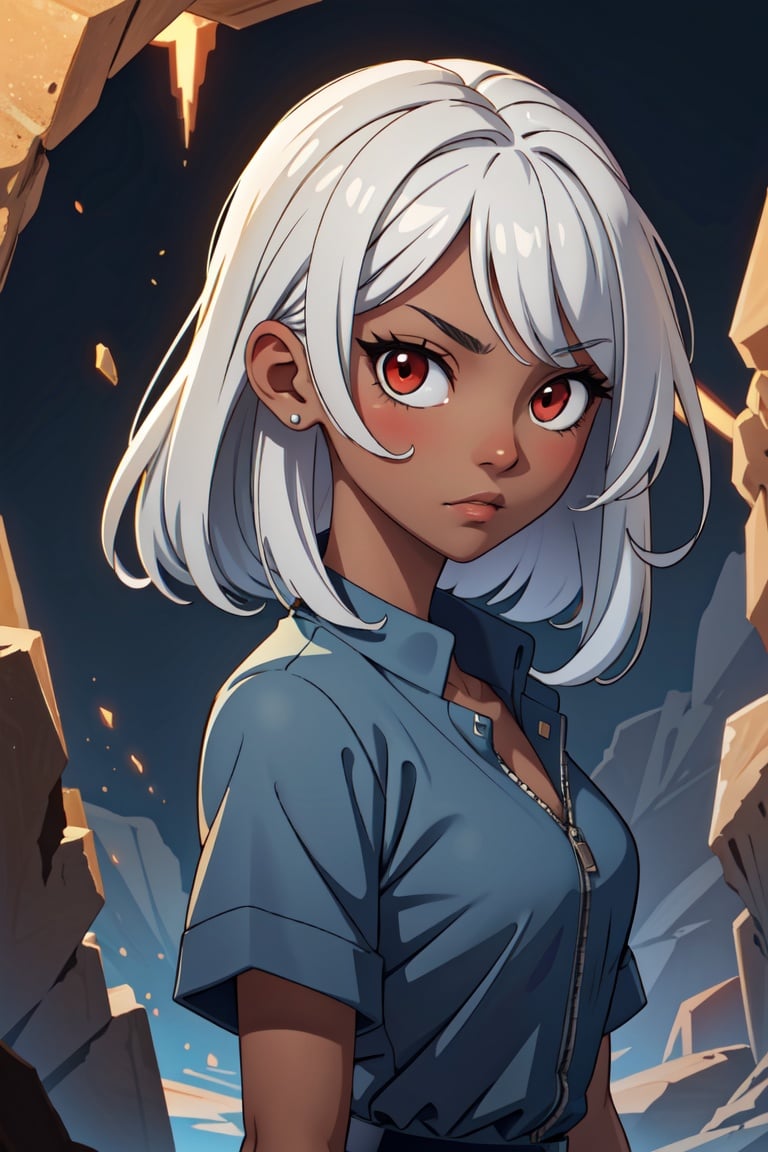 masterpiece, best quality, 1girl, dark skin, silver hair, upper body, looking at viewer, cave, red eyes,