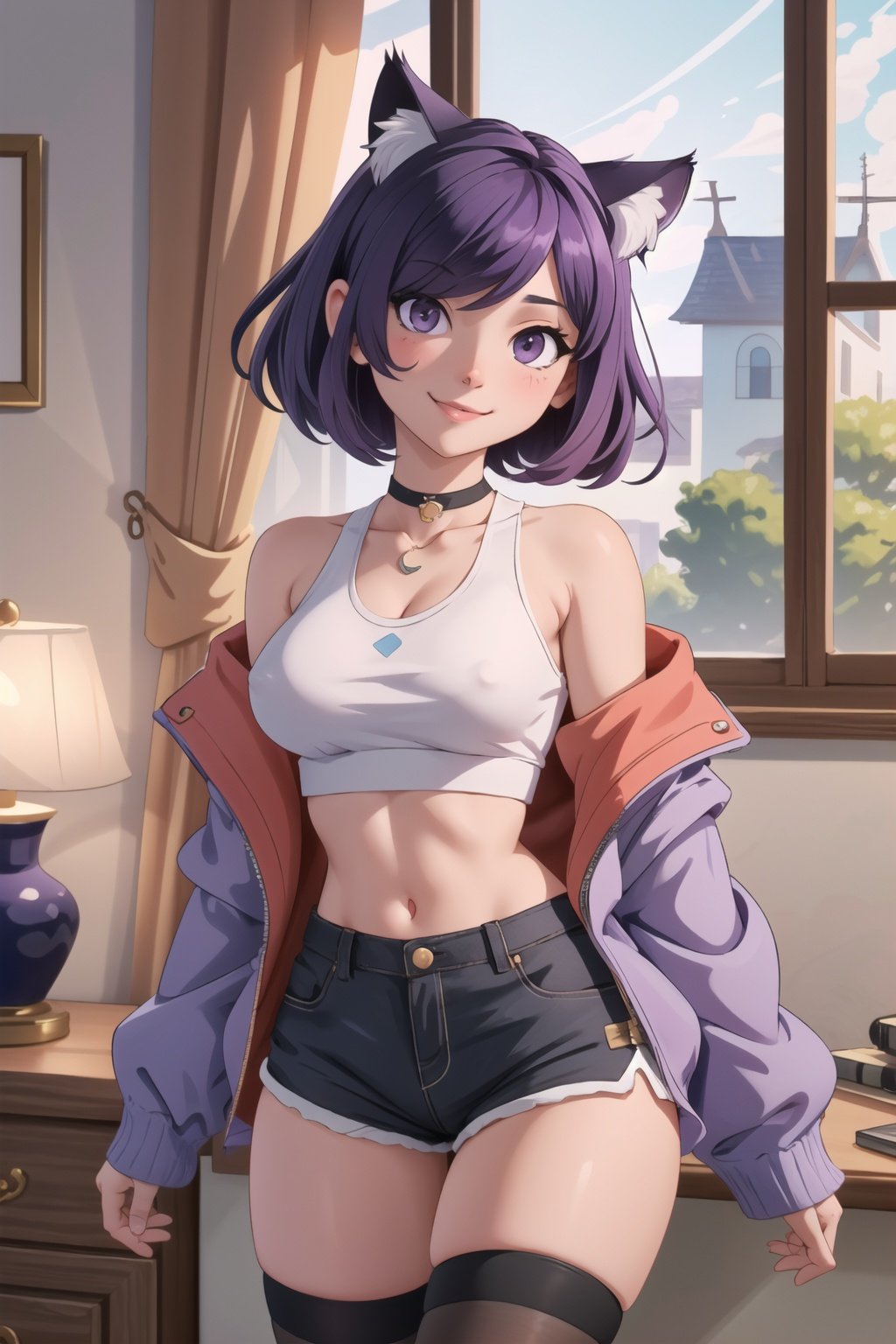 (masterpiece:1.2, best quality:1.2, beautiful, high quality, highres:1.1, aesthetic), detailed, extremely detailed, ambient soft lighting, 4K, perfect eyes, perfect face, perfect lighting, 1girl, animal ears, bangs, bare shoulders, black thighhighs, purple eyes, breasts, cat ears, cat girl, cat tail, closed mouth, collarbone, covered nipples, crop top, facial mark, hair over one eye, halterneck, jacket, large breasts, lips, long sleeves, looking at viewer, off shoulder, open clothes, purple hair, shirt, short hair, short shorts, shorts, sleeveless, smile, solo, tail, thighhighs, whisker markings