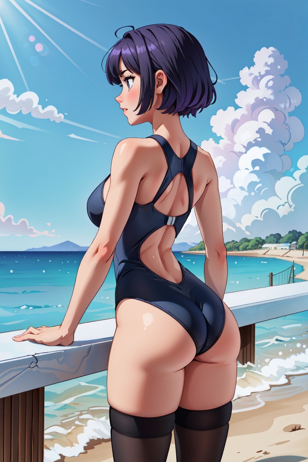 (masterpiece:1.2, best quality:1.2, beautiful, high quality, highres:1.1, aesthetic), detailed, extremely detailed, ambient soft lighting, 4K, perfect lighting, 1girl, arms at sides, ass, ass focus, back, backboob, black hair, black one-piece swimsuit, black thighhighs, blue sky, breasts, cloud, day, facing away, from behind, large breasts, multicolored hair, ocean, one-piece swimsuit, outdoors, purple hair, short hair, skindentation, sky, solo, swimsuit, thick thighs, thighhighs, thighs, water