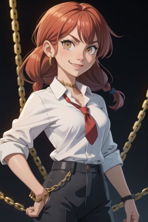 makima \(chainsaw man\), best quality, ultra detailed, 1girl, solo, standing, red hair, long braided hair, golden eyes, bangs, medium breasts, white shirt, necktie, stare, smile, (evil:1.2), looking at viewer, (interview:1.3), (dark background, chains:1.3)