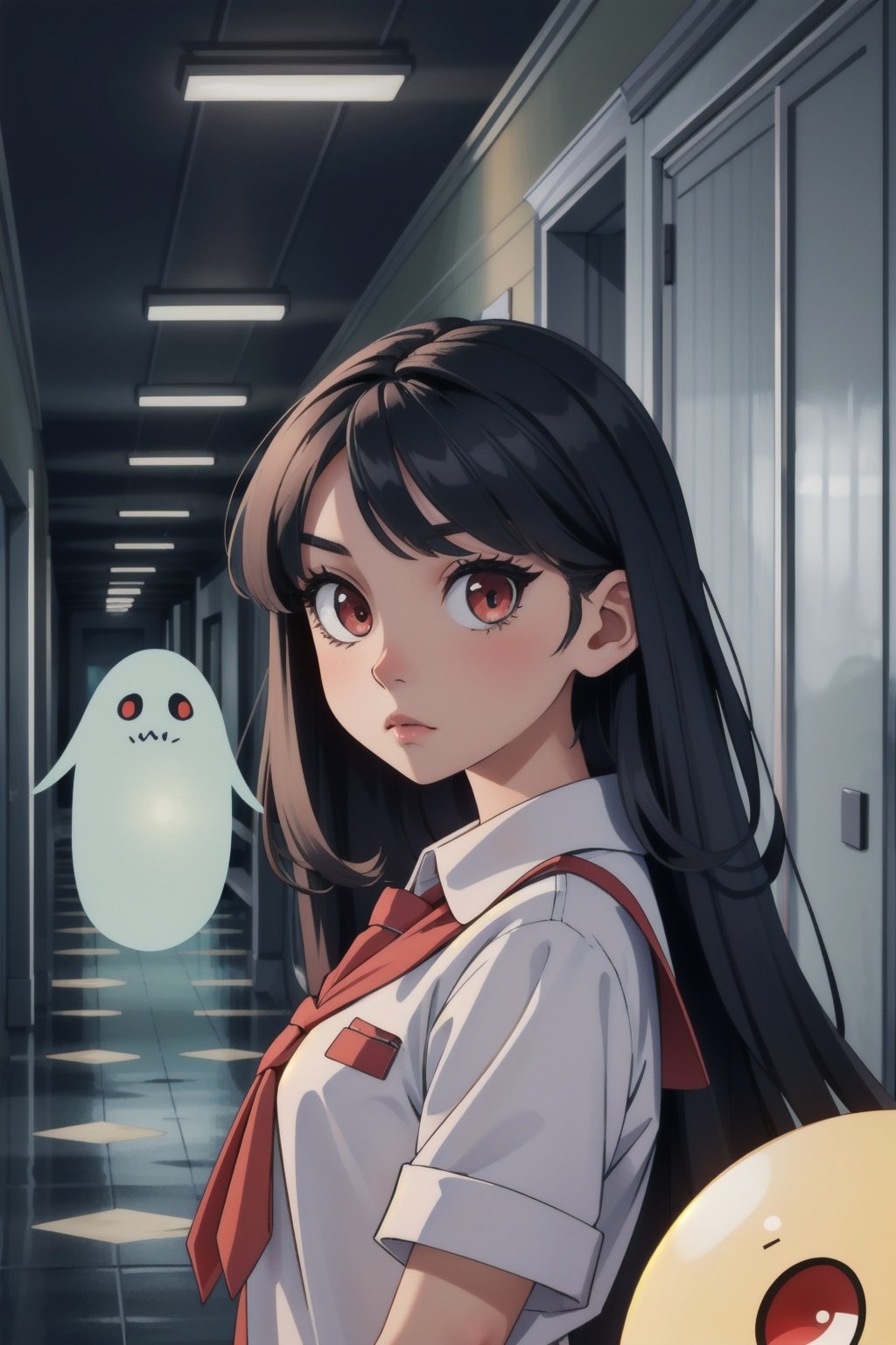 absurdres, 1girl, red eyes, long hair, wide-eyed, eyelashes, looking at viewer, upper body, , concept art, school uniform, ghost, hallway, horror theme, posing, crowd