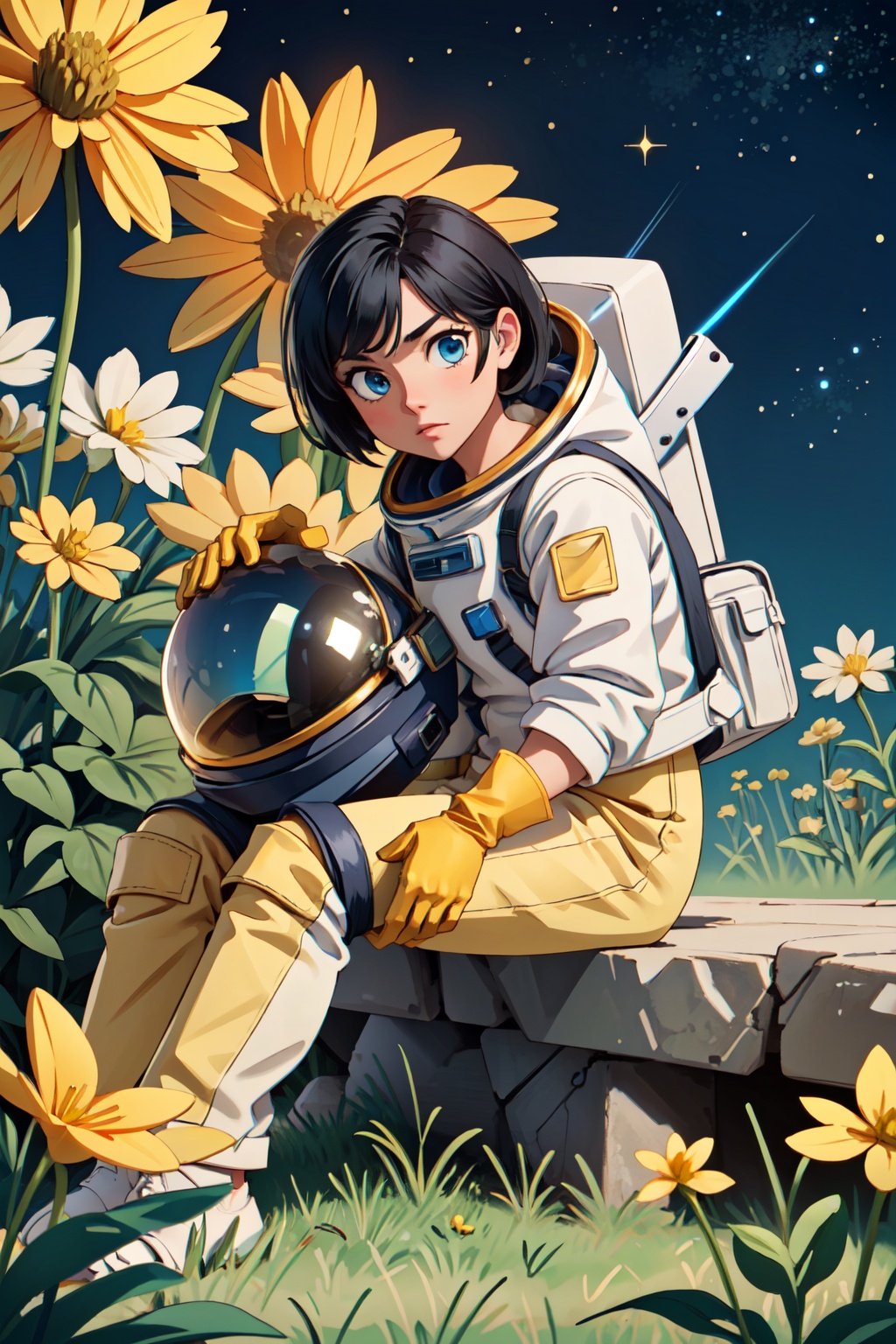 (masterpiece, best quality),cinematic composition, letterboxed, depth of field, solo focus, astronaut sitting in a field of yellow flowers with resting on the ground, gloves, yellow flower, black gloves, spacesuit, science fiction, sunlight, black hair, blue eyes, looking at viewer