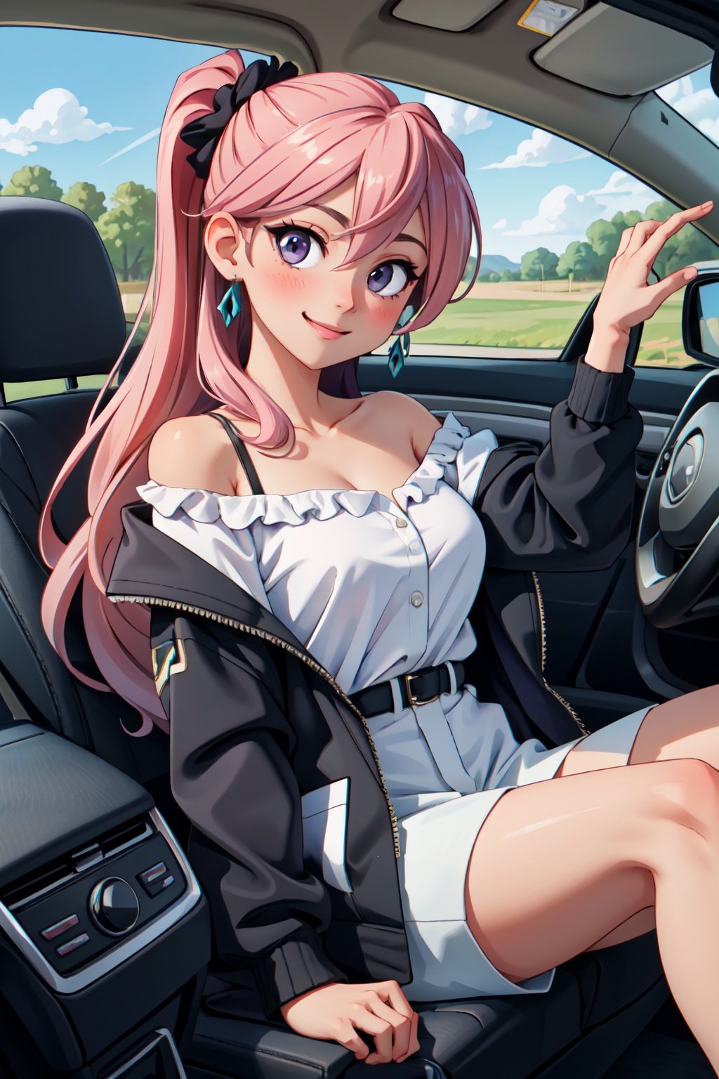 (masterpiece, best quality),1girl sitting in a car ,1girl, jewelry, smile, looking at viewer, car interior, solo,pink hair, purple eyes, steering wheel, blush, long hair, white shirt, off shoulder, black jacket, hair between eyes, long sleeves, , wrist scrunchie,