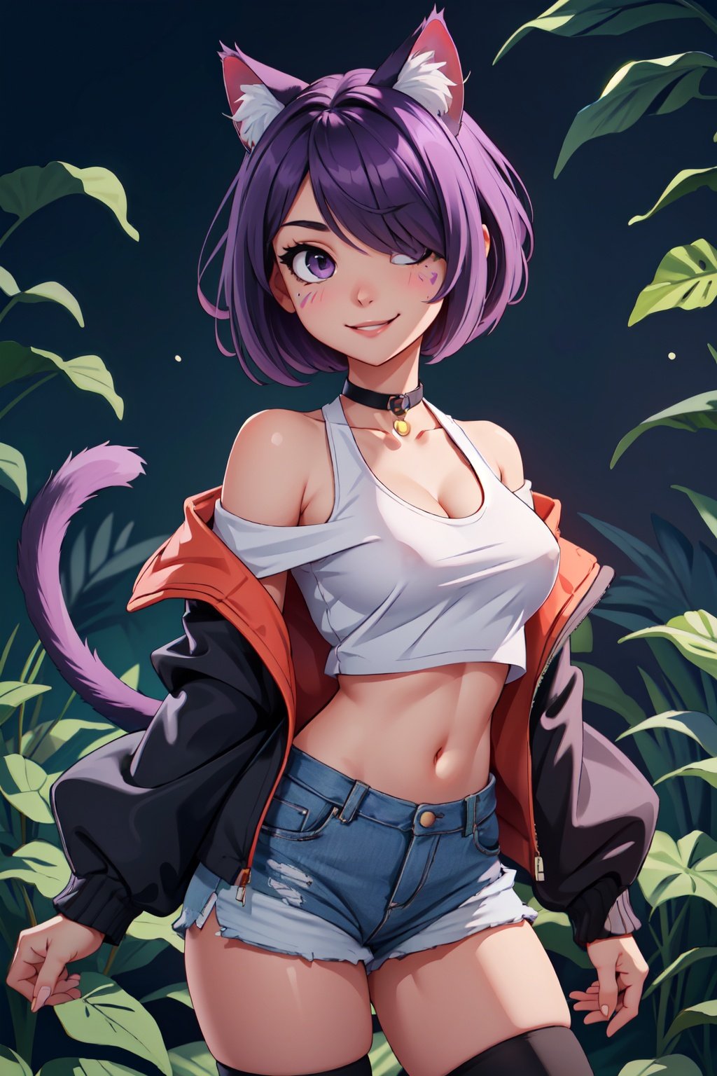 (masterpiece:1.2, best quality:1.2, beautiful, high quality, highres:1.1, aesthetic), detailed, extremely detailed, ambient soft lighting, 4K, perfect eyes, perfect face, perfect lighting, 1girl, animal ears, bangs, bare shoulders, black thighhighs, purple eyes, breasts, cat ears, cat girl, cat tail, closed mouth, collarbone, covered nipples, crop top, facial mark, hair over one eye, halterneck, jacket, large breasts, lips, long sleeves, looking at viewer, off shoulder, open clothes, purple hair, shirt, short hair, short shorts, shorts, sleeveless, smile, solo, tail, thighhighs, whisker markings