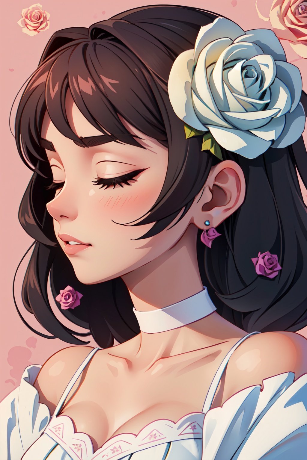 (masterpiece, best quality), pink rose background, profile, close shot, , himenoa, :3, white choker, closed eyes, flower, white dress, bare_shoulders, collarbone, earrings, jewelry, (flower, rose:1.5), hair behind ear, facing_away, 