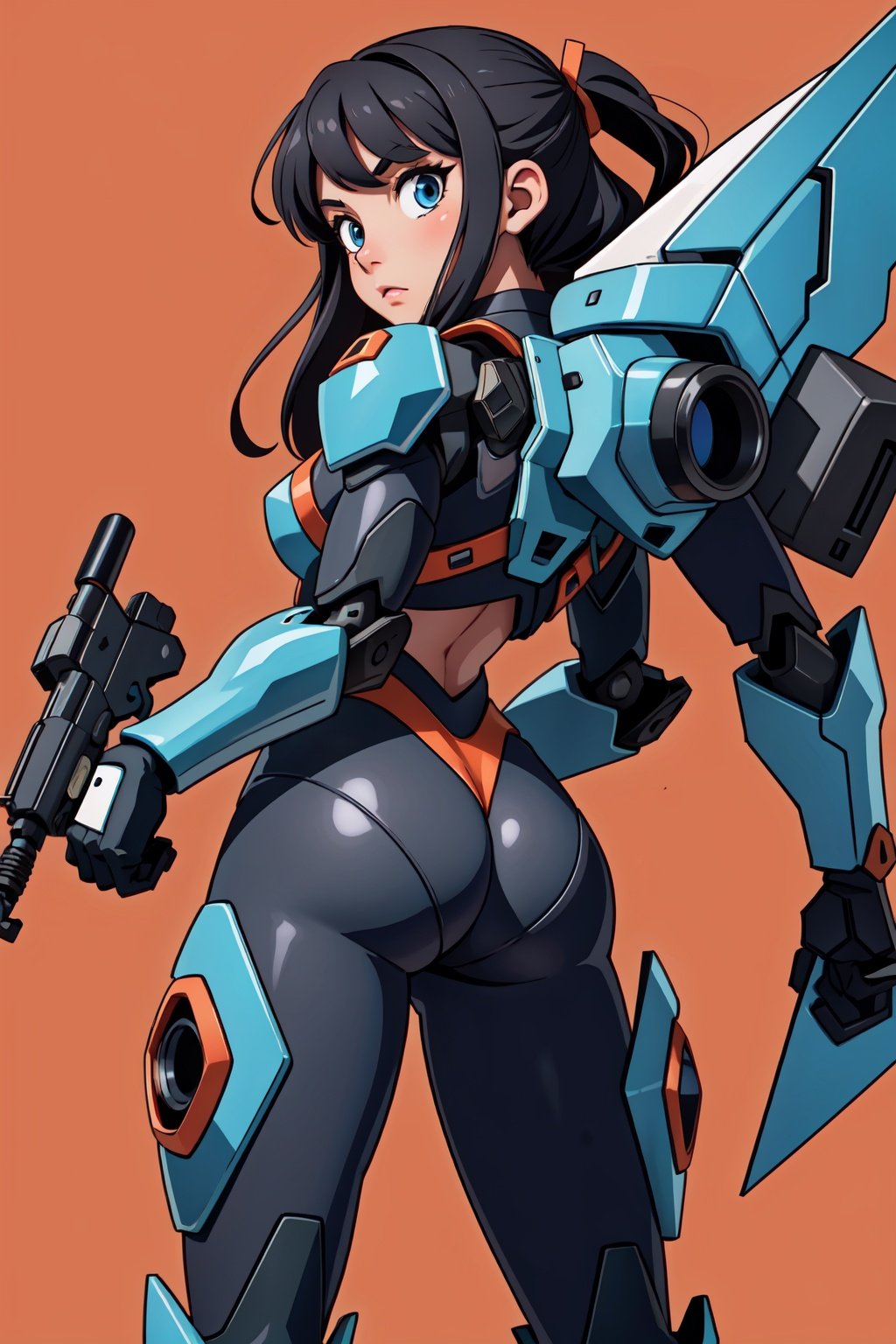 1girl,black mecha suit, minimalism, gun, side view, bright red background, simple background, Fisheyes, masterpieces, top quality, best quality, official art, beautiful and aesthetic, animation, raise the butt, ,   