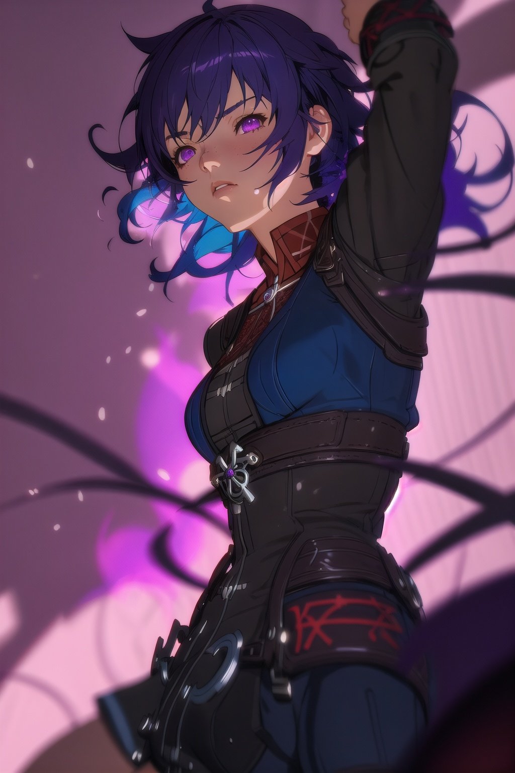 guiltys, serious, a battle girl, purple eyes, blue curly hair, upper body, (bokeh:1.1), depth of field, by Akihiko Yoshida, tracers, | smooth detailed shadows, hyperealistic shadows, (saturated colors:1.2) | (game cg, unreal engine), (3d model), special fx