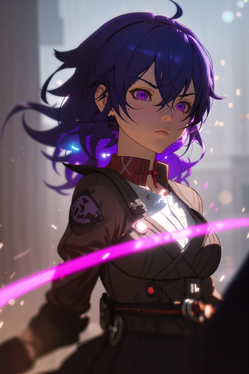 guiltys, serious, a battle girl, purple eyes, blue curly hair, upper body, (bokeh:1.1), depth of field, by Akihiko Yoshida, tracers, | smooth detailed shadows, hyperealistic shadows, (saturated colors:1.2) | (game cg, unreal engine), (3d model), special fx