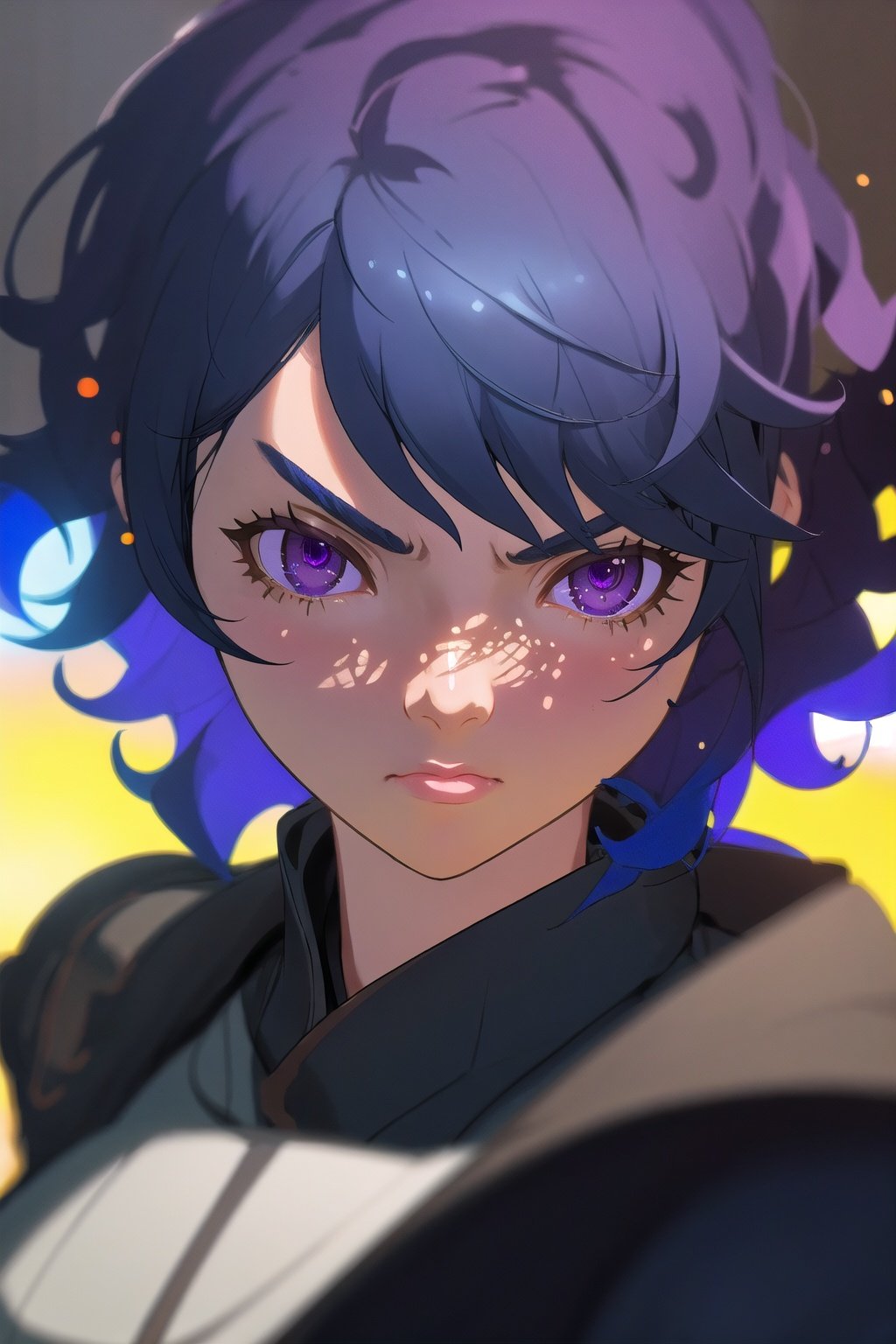 guiltys, serious, a battle girl, purple eyes, blue curly hair, upper body, (bokeh:1.1), depth of field, by Akihiko Yoshida, tracers, | smooth detailed shadows, hyperealistic shadows, (saturated colors:1.2) | (game cg, unreal engine), (3d model), special fx