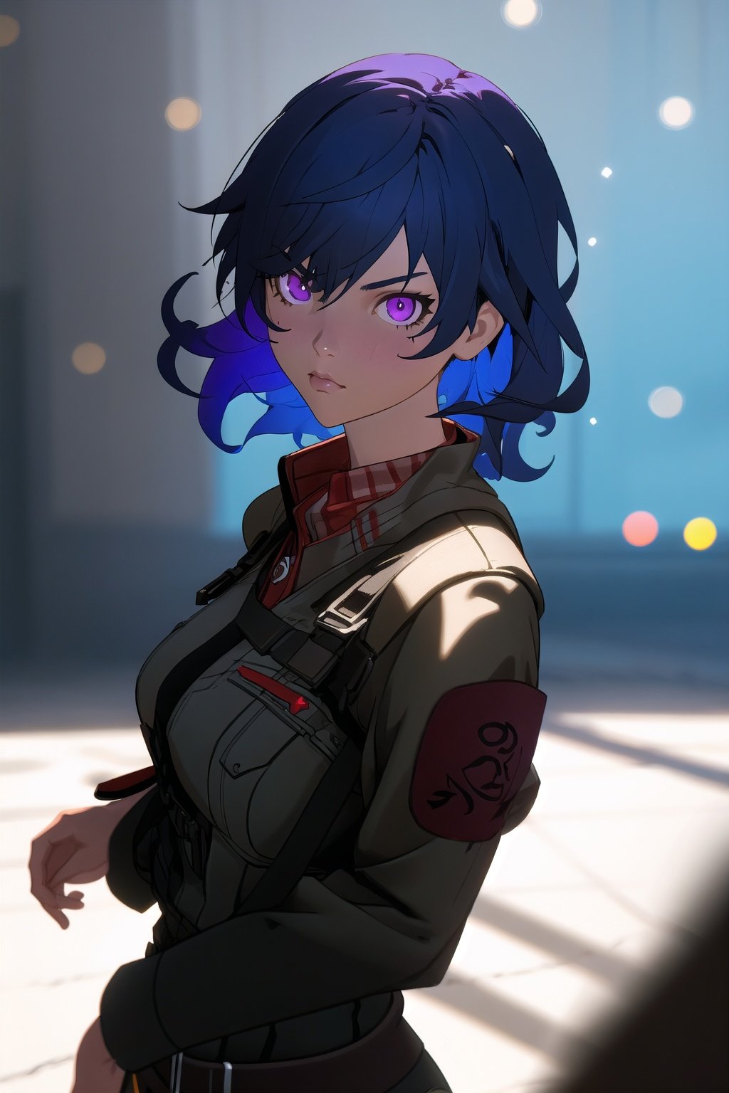 guiltys, serious, a battle girl, purple eyes, blue curly hair, upper body, (bokeh:1.1), depth of field, by Akihiko Yoshida, tracers, | smooth detailed shadows, hyperealistic shadows, (saturated colors:1.2) | (game cg, unreal engine), (3d model), special fx