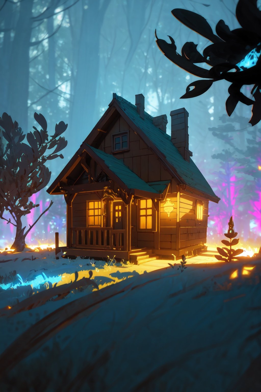 style of Anato Finnstark, a beautiful landscape of a small house, thematic background, neon, glow, fluttering symbols, | depth of field, bokeh, | smooth detailed shadows, hyperealistic shadows, (saturated colors:1.2) | (game cg, unreal engine, pixar style), (3d model)