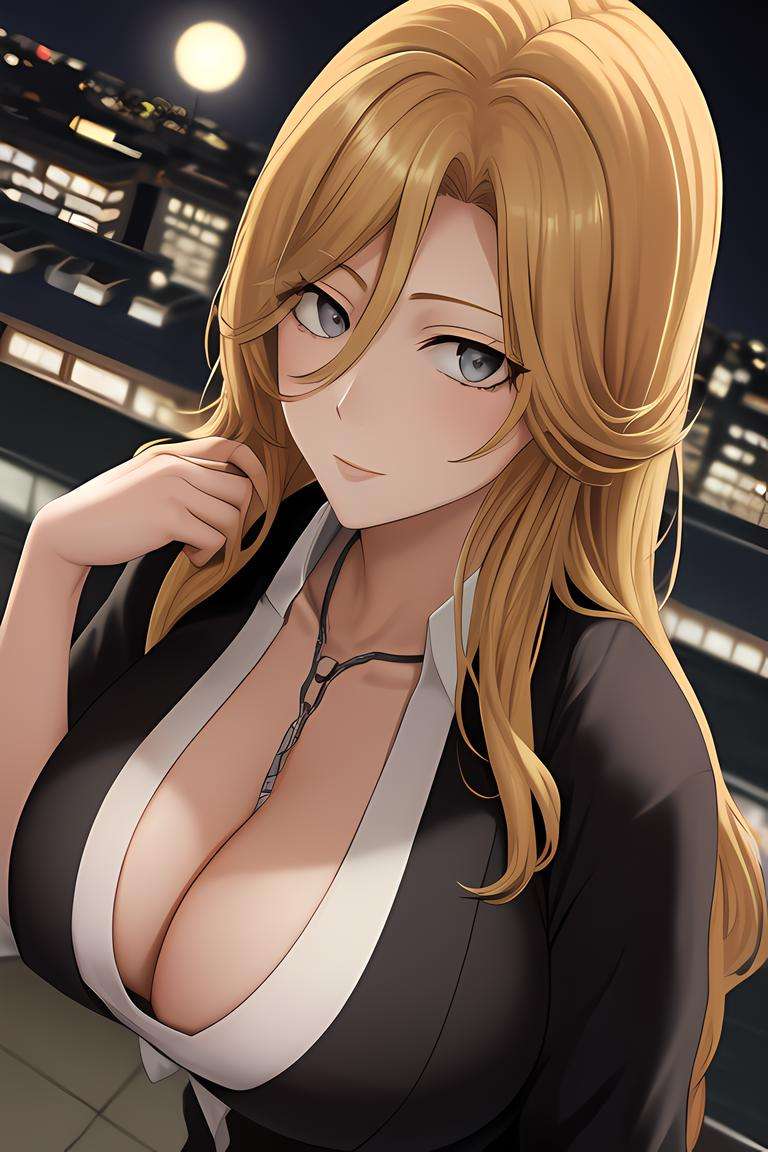 rangiku, solo, black haori, cleavage, from above, ((city)), masterpiece, <lora:rangiku-000006:1>, night, blonde hair, deep gray eyes