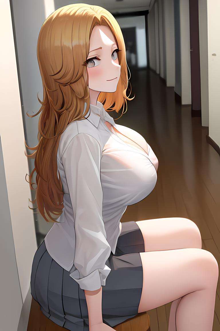 rangiku, solo, closed white shirt, short gray skirt, from side, sitting, blonde hair, school hallway, medium breasts | big breasts, <lora:rangiku-000006:1>