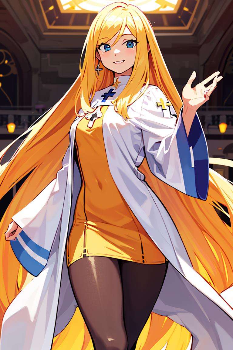 ((masterpiece,best quality)), absurdres,<lora:Alouette_La_Pucelle:0.7>, Alouette_La_Pucelle, blonde, (white robe), very long hair, cross, pantyhose, yellow shirt,solo, smiling, looking at viewer, cowboy shot,cinematic composition, dynamic pose,