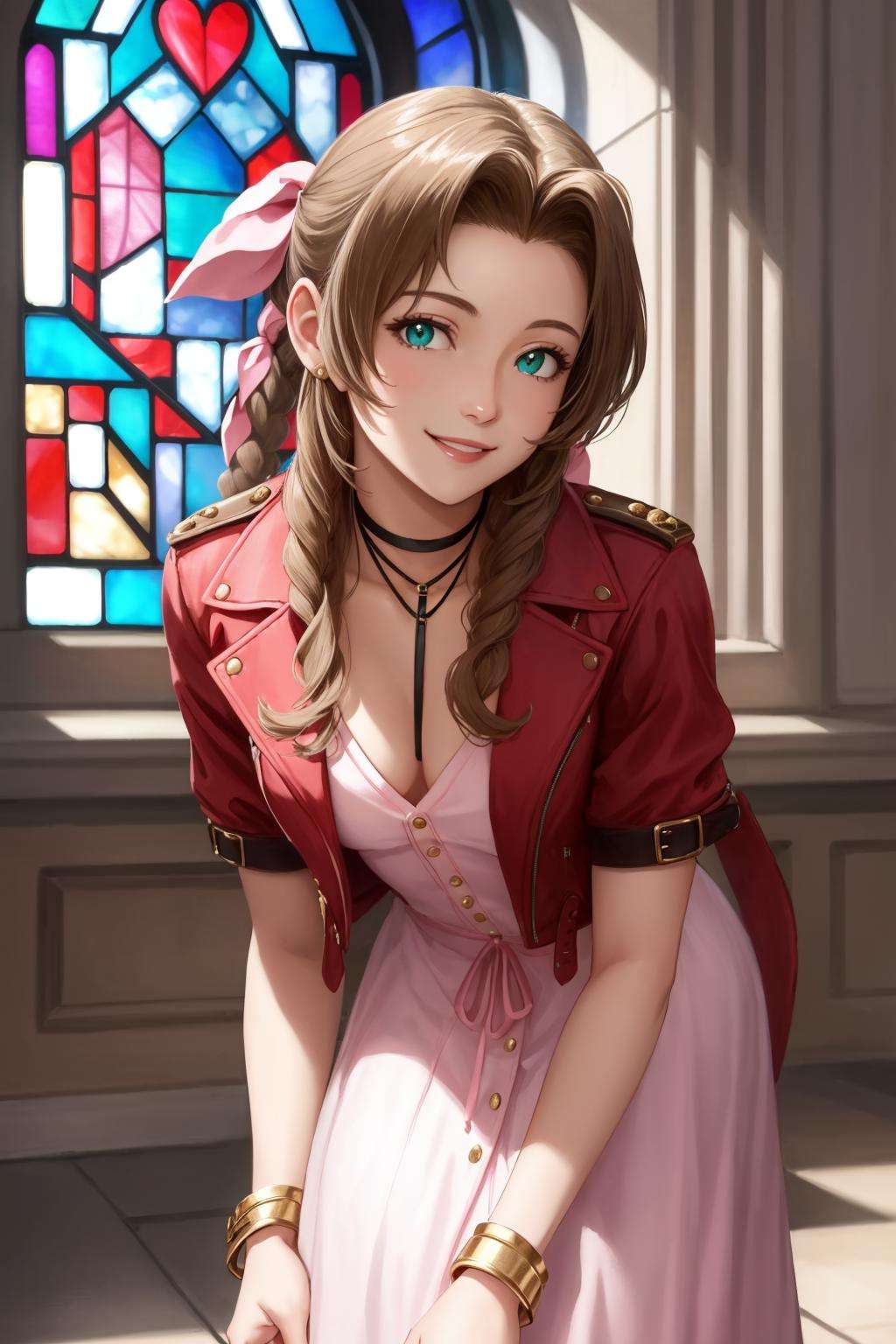 masterpiece, best quality, aerith gainsborough, choker, cropped jacket, hair bow, bracelet, pink dress, looking at viewer, leaning forward, smile, closed mouth, indoors, stained glass window <lora:aerith-nvwls-v1-000010:0.9>