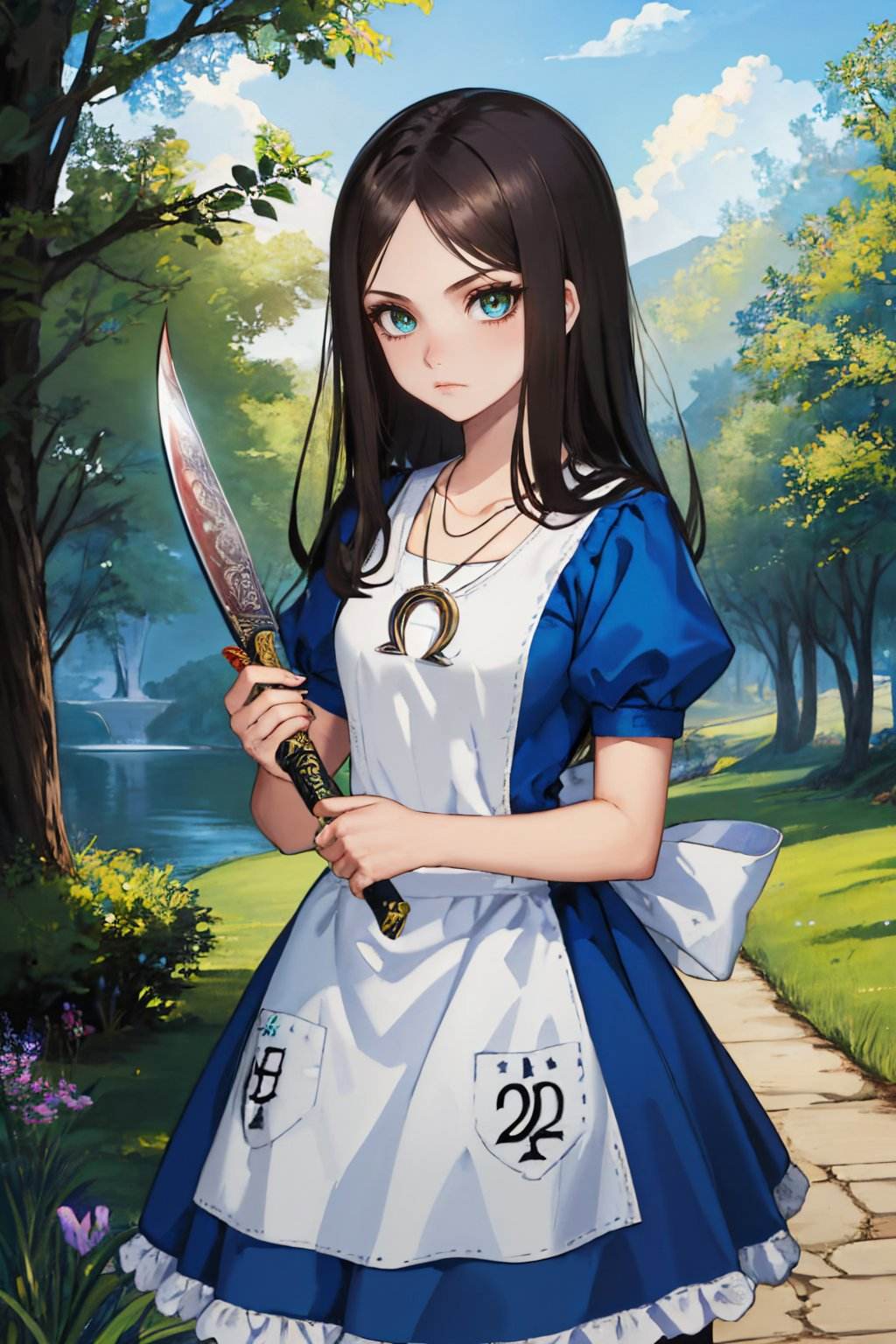 (masterpiece, best quality:1.2), <lyco:americanmcgee_alice-12:1.0>, cowboy shot, solo, 1girl, mcgeealice, expressionless, looking at viewer, holding, knife, dress, apron, striped pantyhose, jewelry, necklace