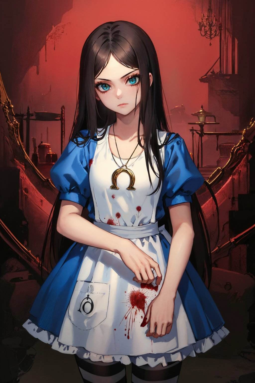 (masterpiece, best quality:1.2), <lyco:americanmcgee_alice-12:1.0>, cowboy shot, solo, 1girl, mcgeealice, (blood:1.2), expressionless, looking at viewer, black hair, dress, apron, striped pantyhose, jewelry, necklace