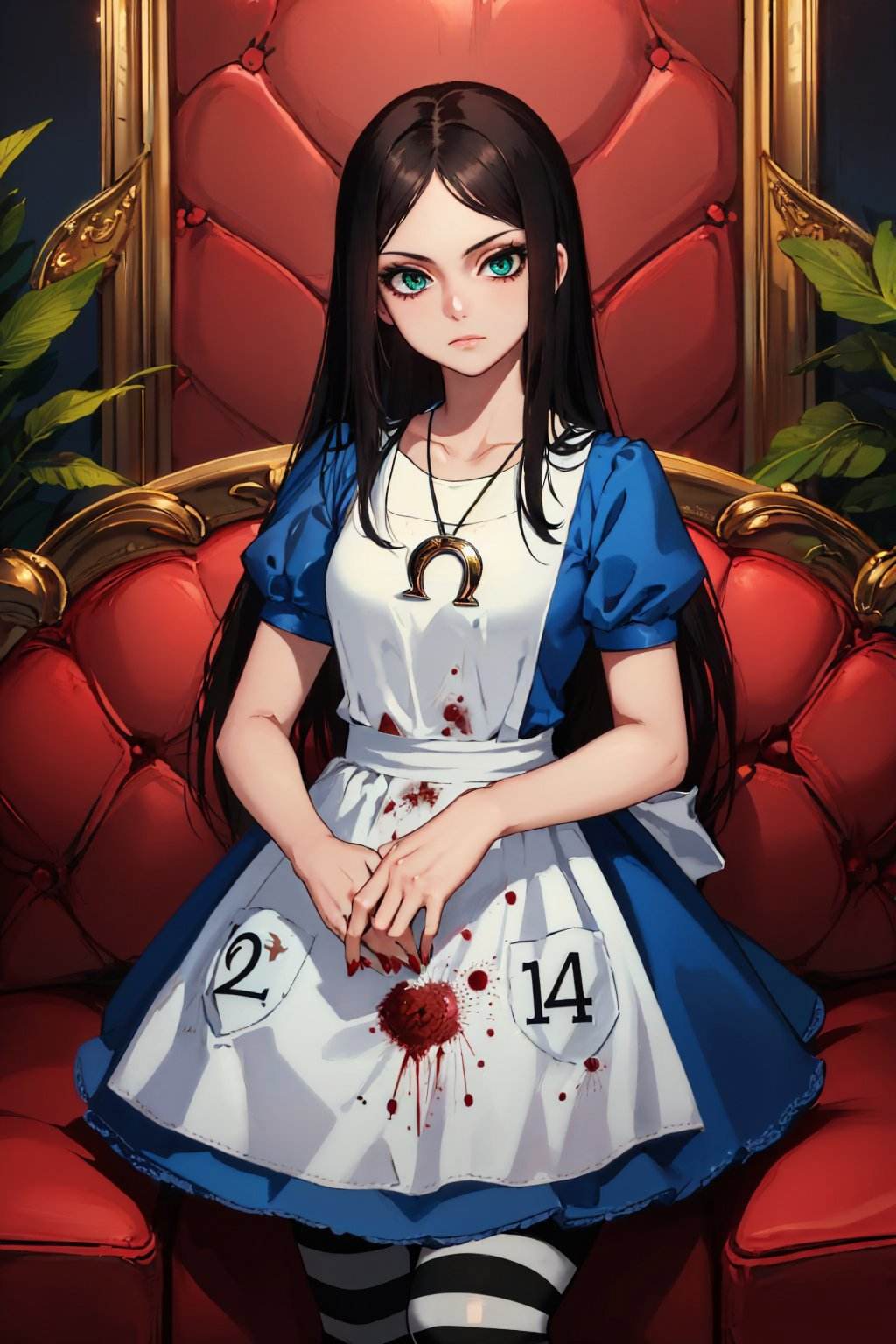 (masterpiece, best quality:1.2), <lyco:americanmcgee_alice-12:1.0>, cowboy shot, solo, 1girl, mcgeealice, (blood:1.2), expressionless, looking at viewer, black hair, dress, apron, striped pantyhose, jewelry, necklace