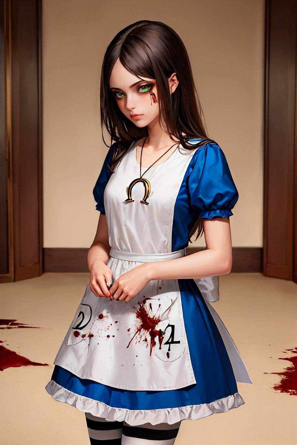 (masterpiece, best quality:1.2), <lyco:americanmcgee_alice-12:1.0>, cowboy shot, solo, 1girl, mcgeealice, (blood:1.3), expressionless, looking at viewer, black hair, dress, apron, striped pantyhose, jewelry, necklace