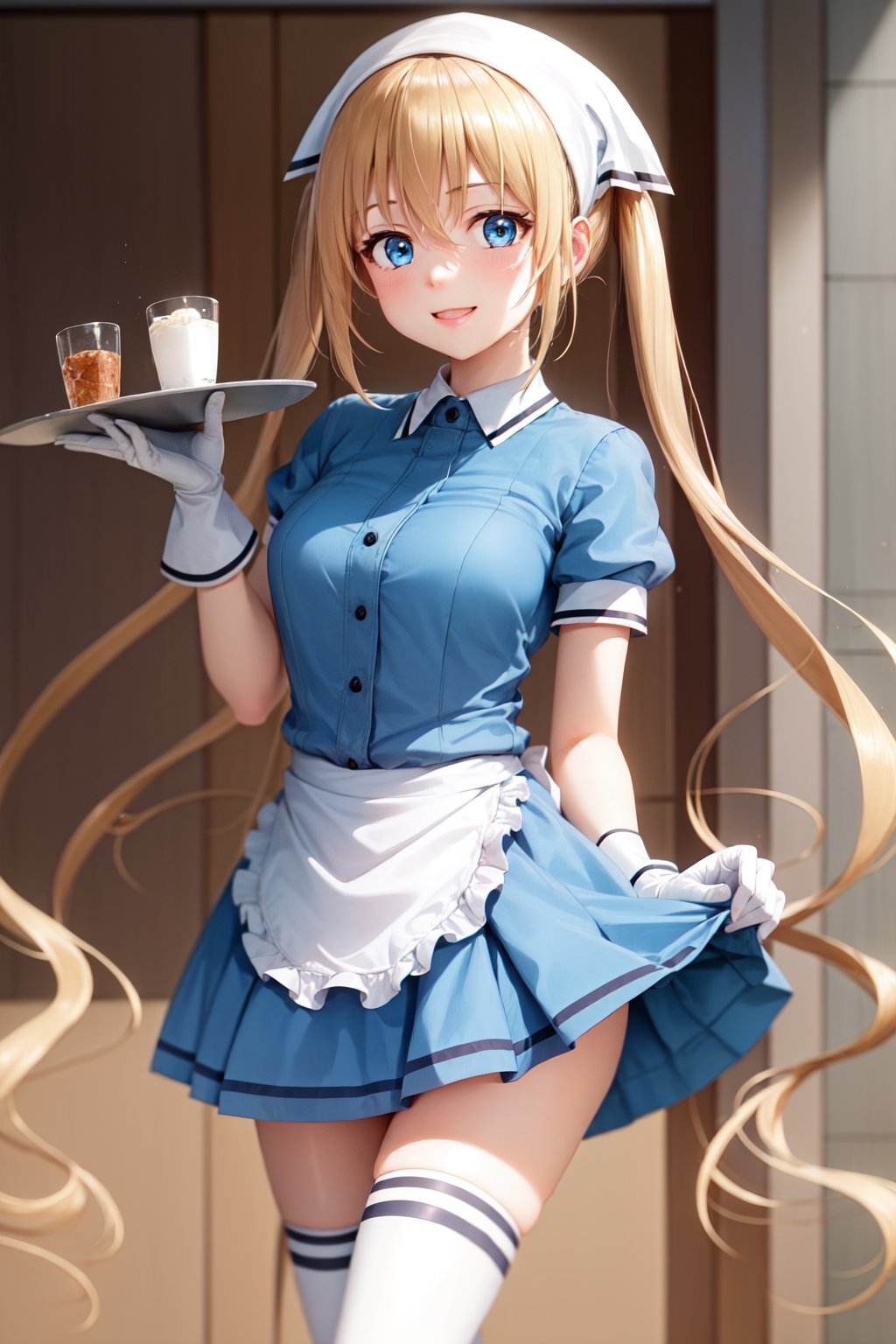 (masterpiece, best quality:1.2), <lyco:blends_hinata-10:1.0>, cowboy shot, solo, 1girl, hinata kaho, smile, looking at viewer, holding tray, twintails, head scarf, waitress, frills, blue shirt, waist apron, puffy short sleeves, blue skirt, thighhighs, white gloves