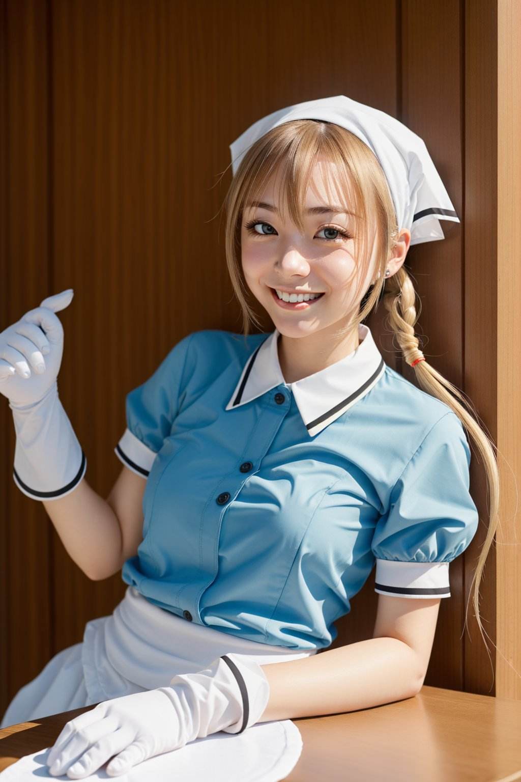 (masterpiece, best quality:1.2), <lyco:blends_hinata-10:1.0>, upper body, solo, 1girl, hinata kaho, smile, looking at viewer, hands on table, twintails, head scarf, waitress, frills, blue shirt, puffy short sleeves, white gloves, indoors, food