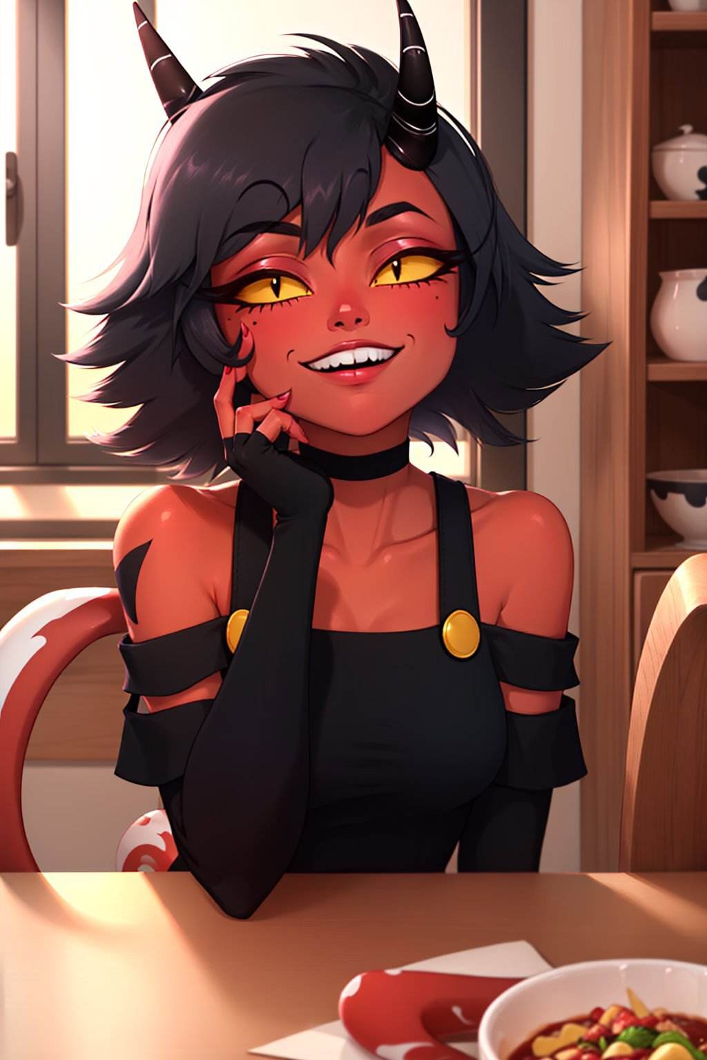 (masterpiece, best quality:1.2), <lyco:helluvaboss_millie-11:1.0>, upper body, solo, 1girl, hbmillie, demon girl, colored skin, red skin, smile, closed mouth, looking at viewer, elbows on table, horns, colored sclera, yellow sclera, torn clothes, off-shoulder shirt, fingerless gloves, tail, indoors, bowl of food