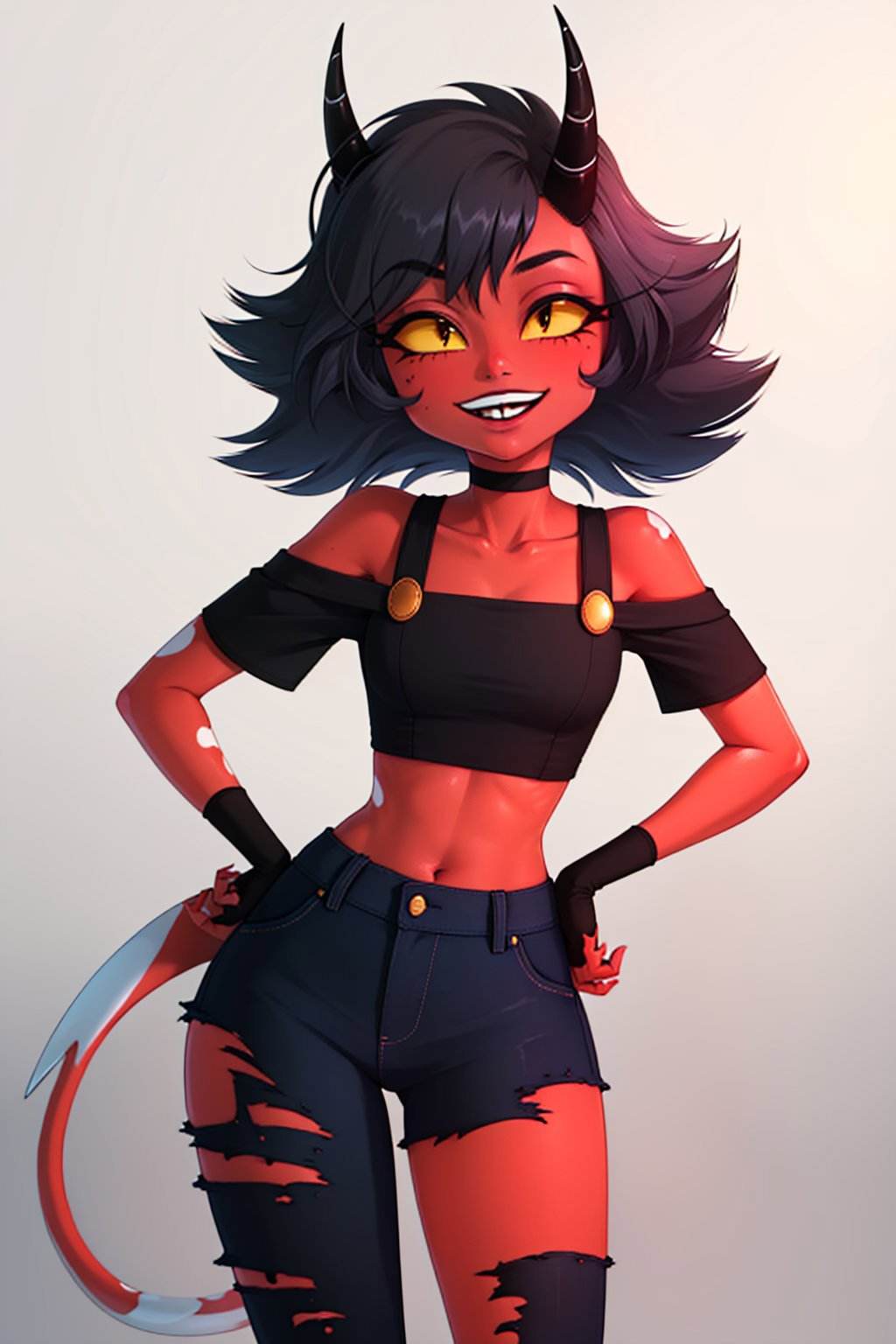 (masterpiece, best quality:1.2), <lyco:helluvaboss_millie-11:1.0>, cowboy shot, solo, 1girl, hbmillie, demon girl, colored skin, red skin, smile, looking at viewer, hands on hips, horns, colored sclera, yellow sclera, torn clothes, off-shoulder shirt, fingerless gloves, tail