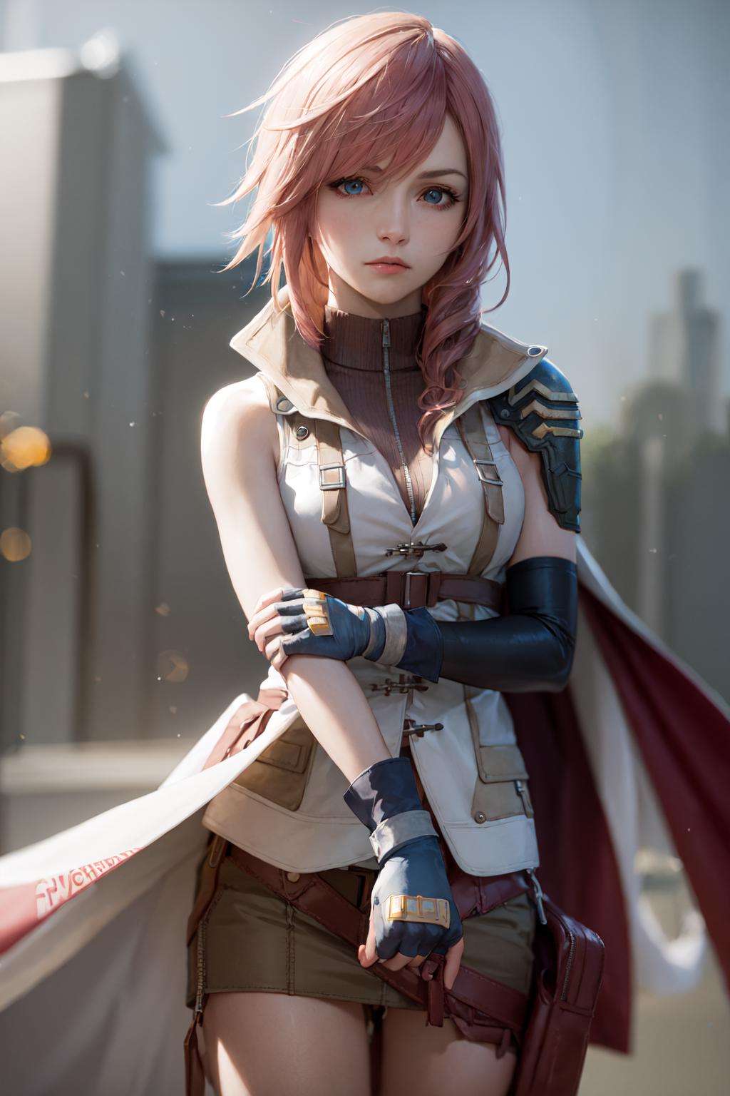 (masterpiece, best quality:1.2), <lora:ffxiii_lightning-10:1>, cowboy shot, solo, 1girl, lightning farron, expressionless, closed mouth, sleeveless, shoulder armor, cape, skirt, fingerless gloves