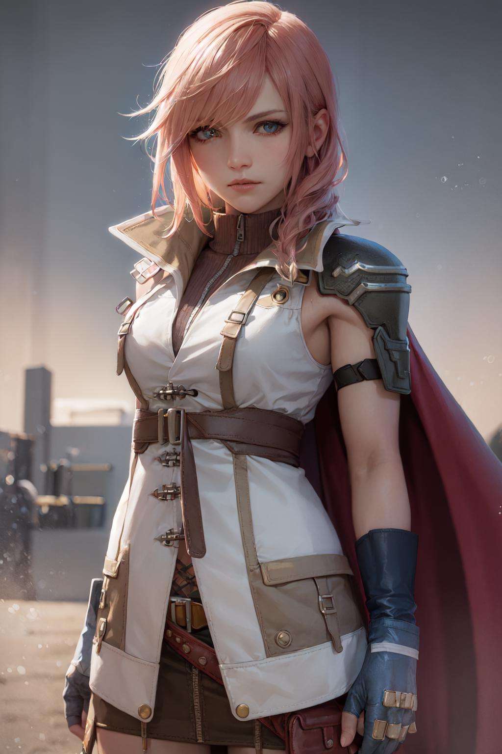 (masterpiece, best quality:1.2), <lora:ffxiii_lightning-10:1>, cowboy shot, solo, 1girl, lightning farron, expressionless, closed mouth, sleeveless, shoulder armor, cape, skirt, fingerless gloves